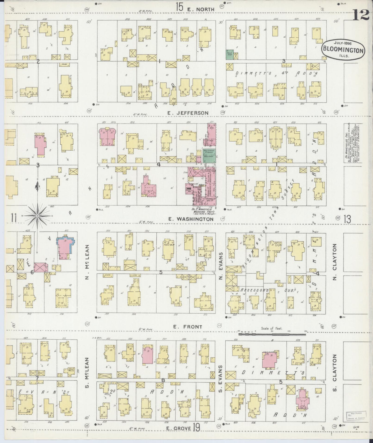 Sanborn Fire Insurance Map from Bloomington, McLean County, Illinois (1896), Sheet #0012 - Complete Map Set gallery image, historic Sanborn map, vintage wall art, Illinois Illinois