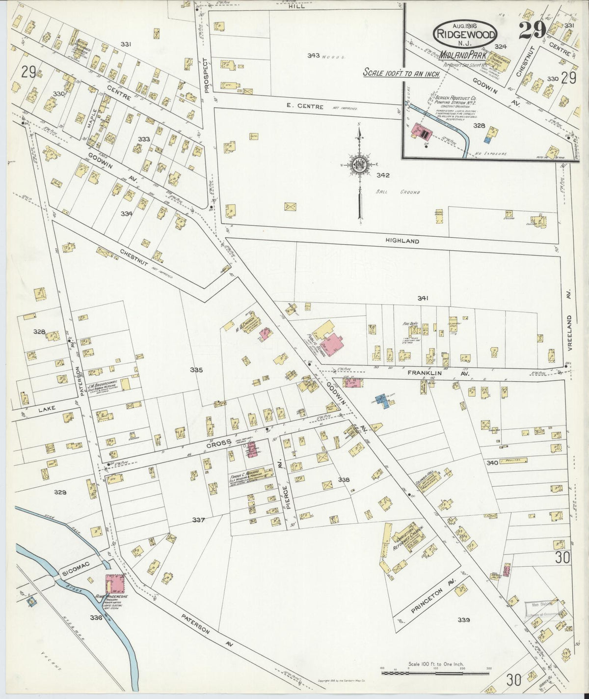 Sanborn Fire Insurance Map from Ridgewood, Bergen County, New Jersey (1916), Sheet #0029 - Complete Map Set gallery image, historic Sanborn map, vintage wall art, New Jersey New Jersey