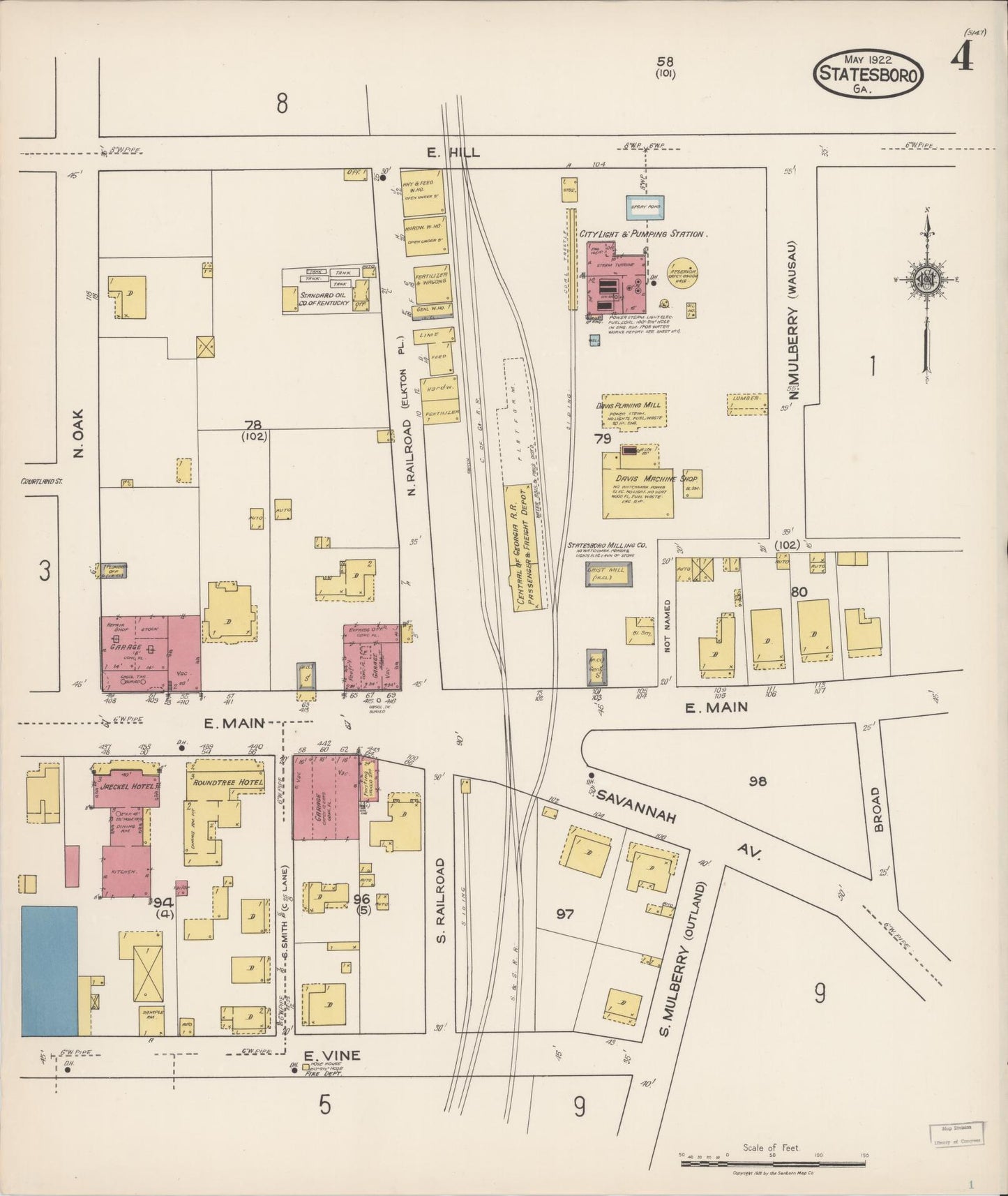 Sanborn Fire Insurance Map from Statesboro, Bulloch County, Georgia (1922), Sheet #0004 - Historic Sanborn Fire Insurance Map Print, vintage old map wall art, antique decor, genealogy gift, Georgia Georgia map