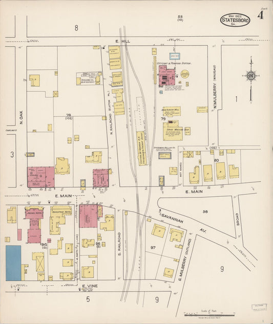Sanborn Fire Insurance Map from Statesboro, Bulloch County, Georgia (1922), Sheet #0004 - Historic Sanborn Fire Insurance Map Print, vintage old map wall art, antique decor, genealogy gift, Georgia Georgia map