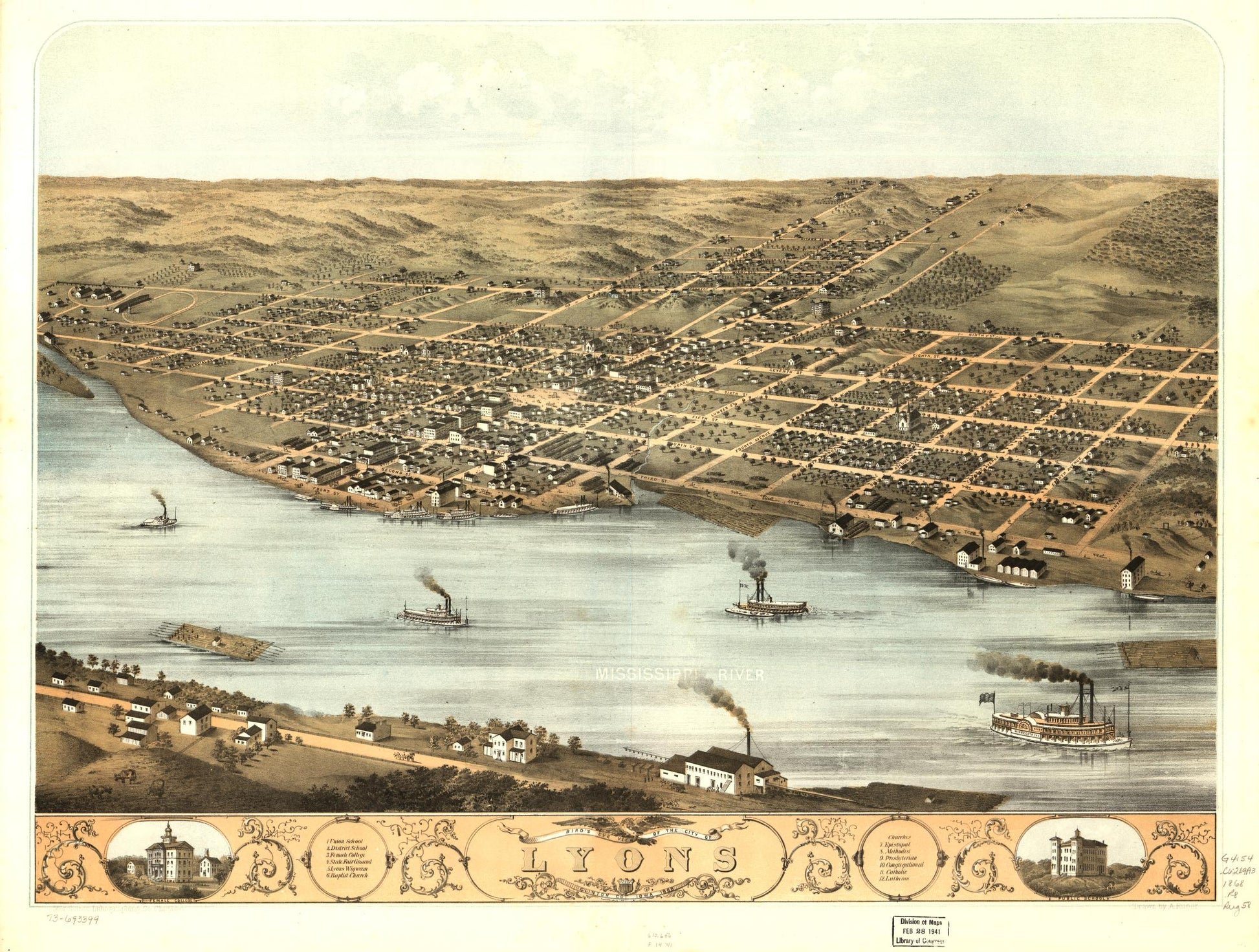 Bird's eye view of the city of Lyons, Clinton Co., Iowa 1868. (1868) – Historic Bird’s-Eye View Panorama Print