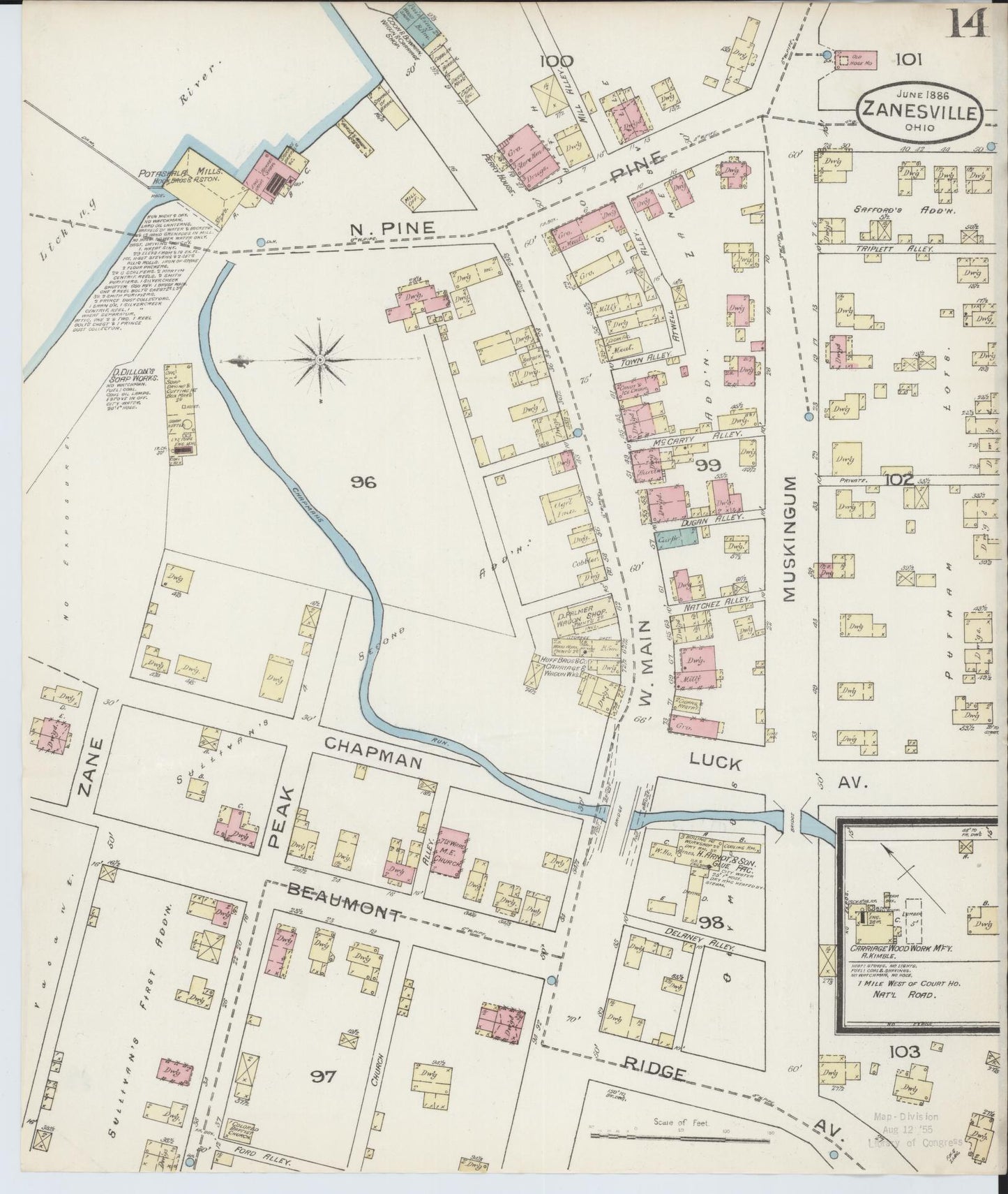 Sanborn Fire Insurance Map from Zanesville, Muskingum County, Ohio (1886), Sheet #0014 - Complete Map Set gallery image, historic Sanborn map, vintage wall art, Ohio Ohio