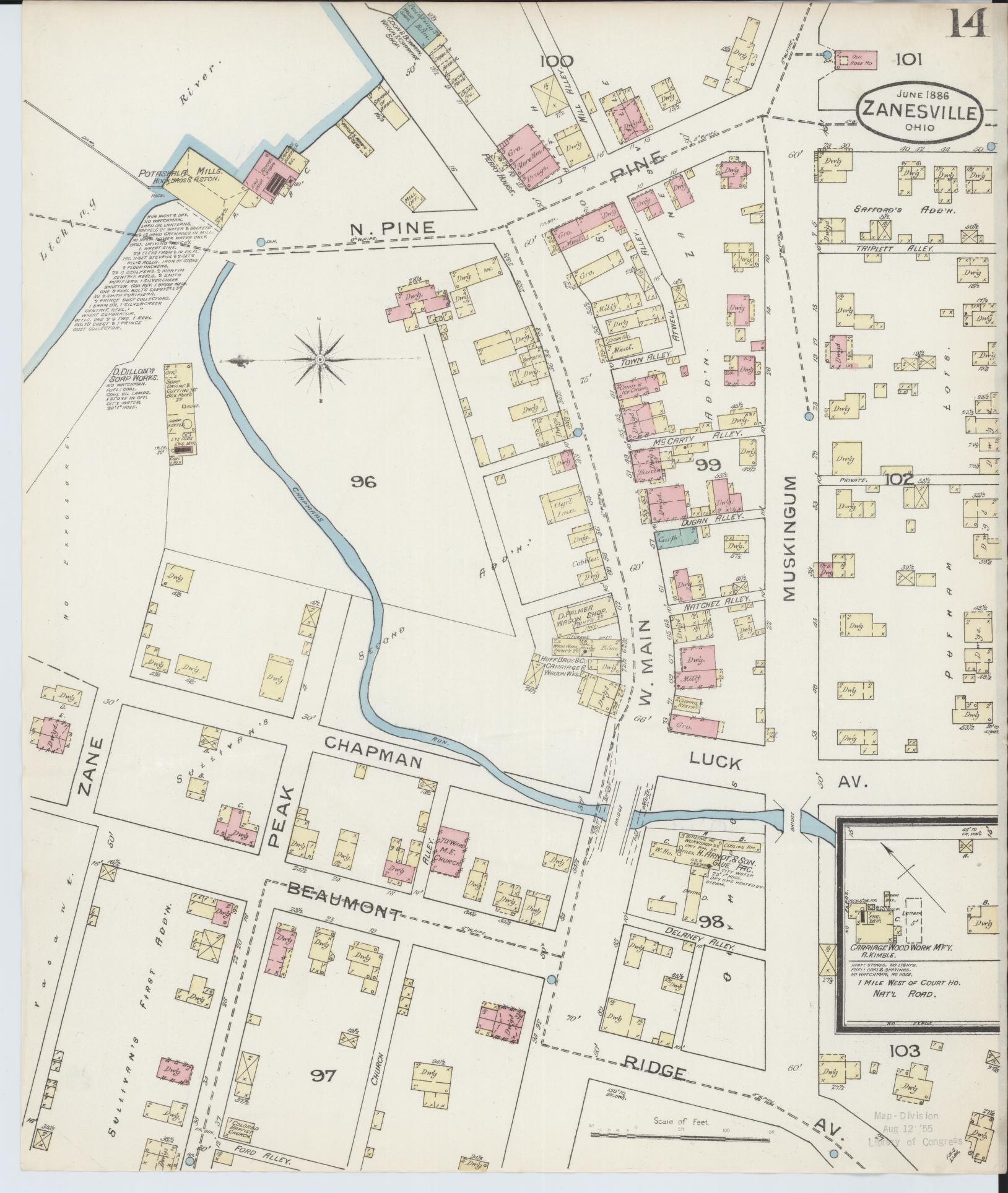Sanborn Fire Insurance Map from Zanesville, Muskingum County, Ohio (1886), Sheet #0014 - Complete Map Set gallery image, historic Sanborn map, vintage wall art, Ohio Ohio