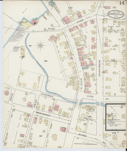 Sanborn Fire Insurance Map from Zanesville, Muskingum County, Ohio (1886), Sheet #0014 - Complete Map Set gallery image, historic Sanborn map, vintage wall art, Ohio Ohio
