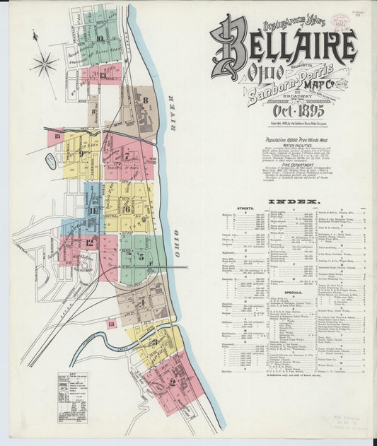 Sanborn Fire Insurance Map from Bellaire, Belmont County, Ohio (1895), Sheet #0001 - Historic Sanborn Fire Insurance Map Print, vintage old map wall art, antique decor, genealogy gift, Ohio Ohio map