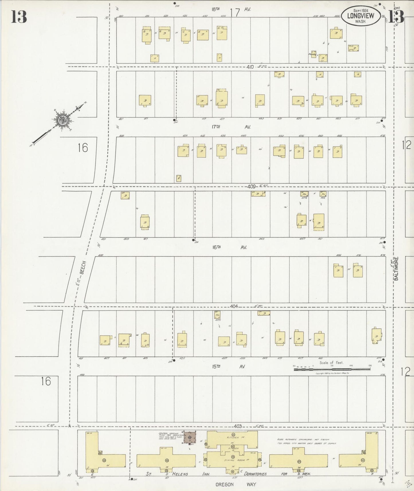 Sanborn Fire Insurance Map from Longview, Cowlitz County, Washington (1924), Sheet #0013 - Historic Sanborn Fire Insurance Map Print, vintage old map wall art, antique decor, genealogy gift, Washington Washington map