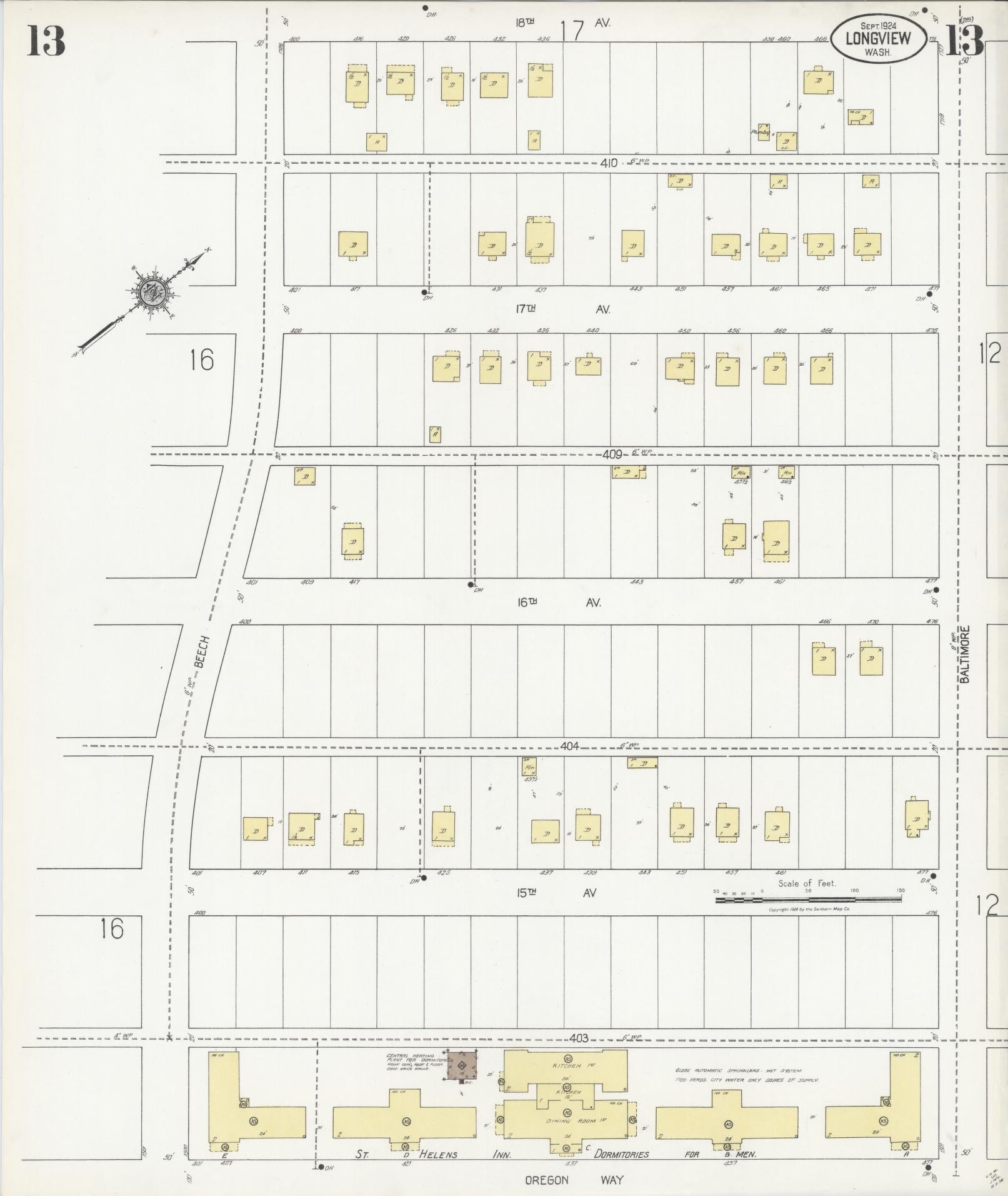 Sanborn Fire Insurance Map from Longview, Cowlitz County, Washington (1924), Sheet #0013 - Historic Sanborn Fire Insurance Map Print, vintage old map wall art, antique decor, genealogy gift, Washington Washington map