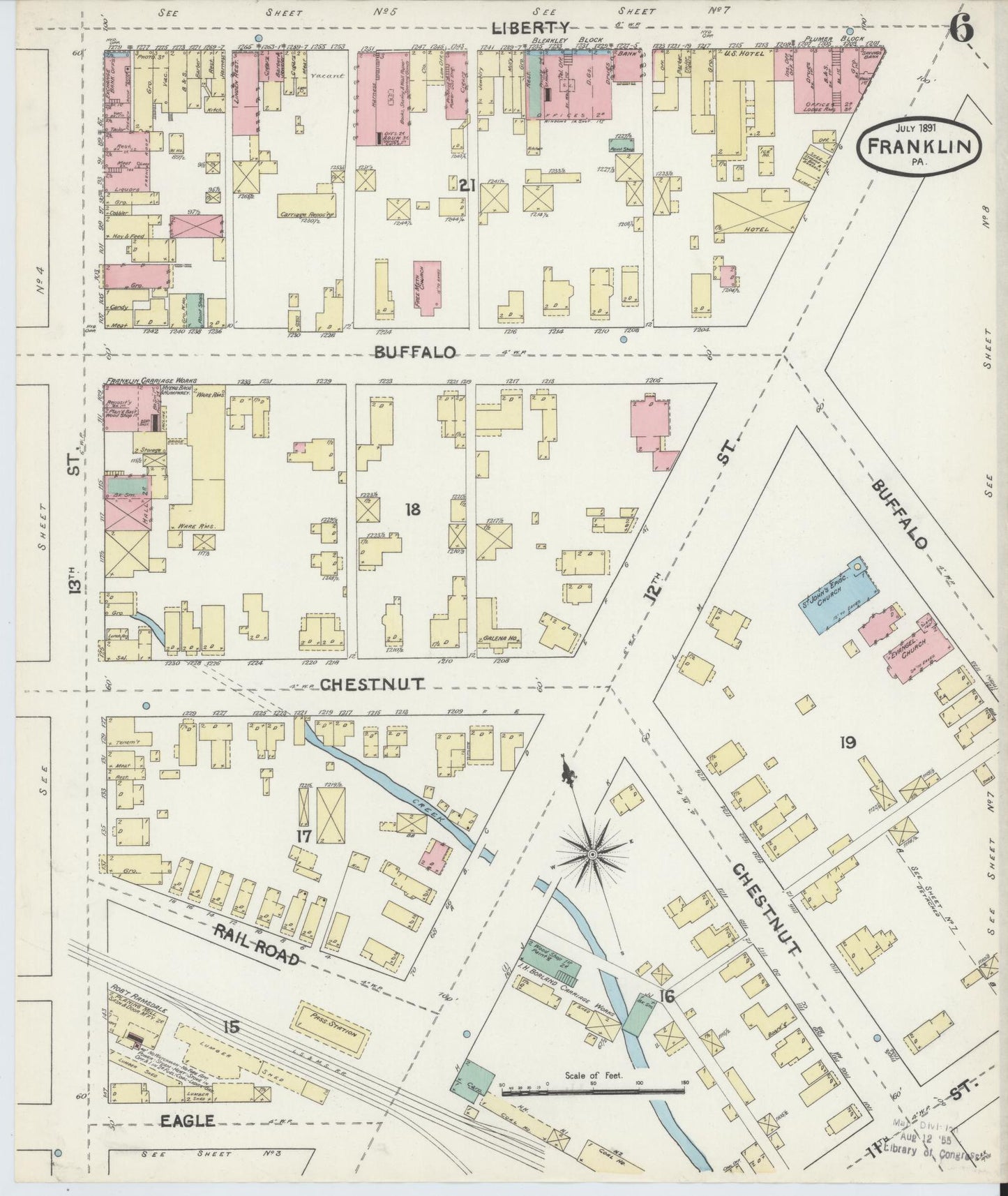 Sanborn Fire Insurance Map from Franklin, Venango County, Pennsylvania (1891), Sheet #0006 - Historic Sanborn Fire Insurance Map Print, vintage old map wall art, antique decor, genealogy gift, Pennsylvania Pennsylvania map