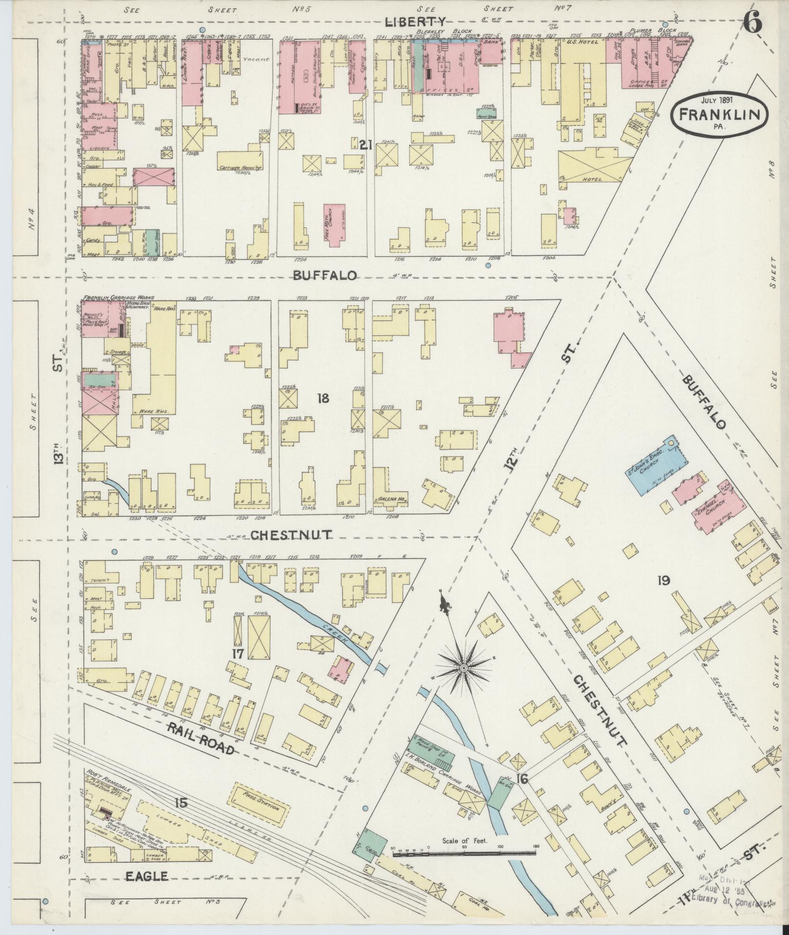Sanborn Fire Insurance Map from Franklin, Venango County, Pennsylvania (1891), Sheet #0006 - Historic Sanborn Fire Insurance Map Print, vintage old map wall art, antique decor, genealogy gift, Pennsylvania Pennsylvania map