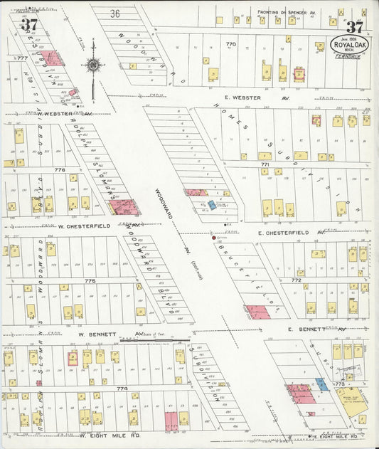 Sanborn Fire Insurance Map from Royal Oak, Oakland County, Michigan (1926), Sheet #0037 - Historic Sanborn Fire Insurance Map Print, vintage old map wall art, antique decor, genealogy gift, Michigan Michigan map