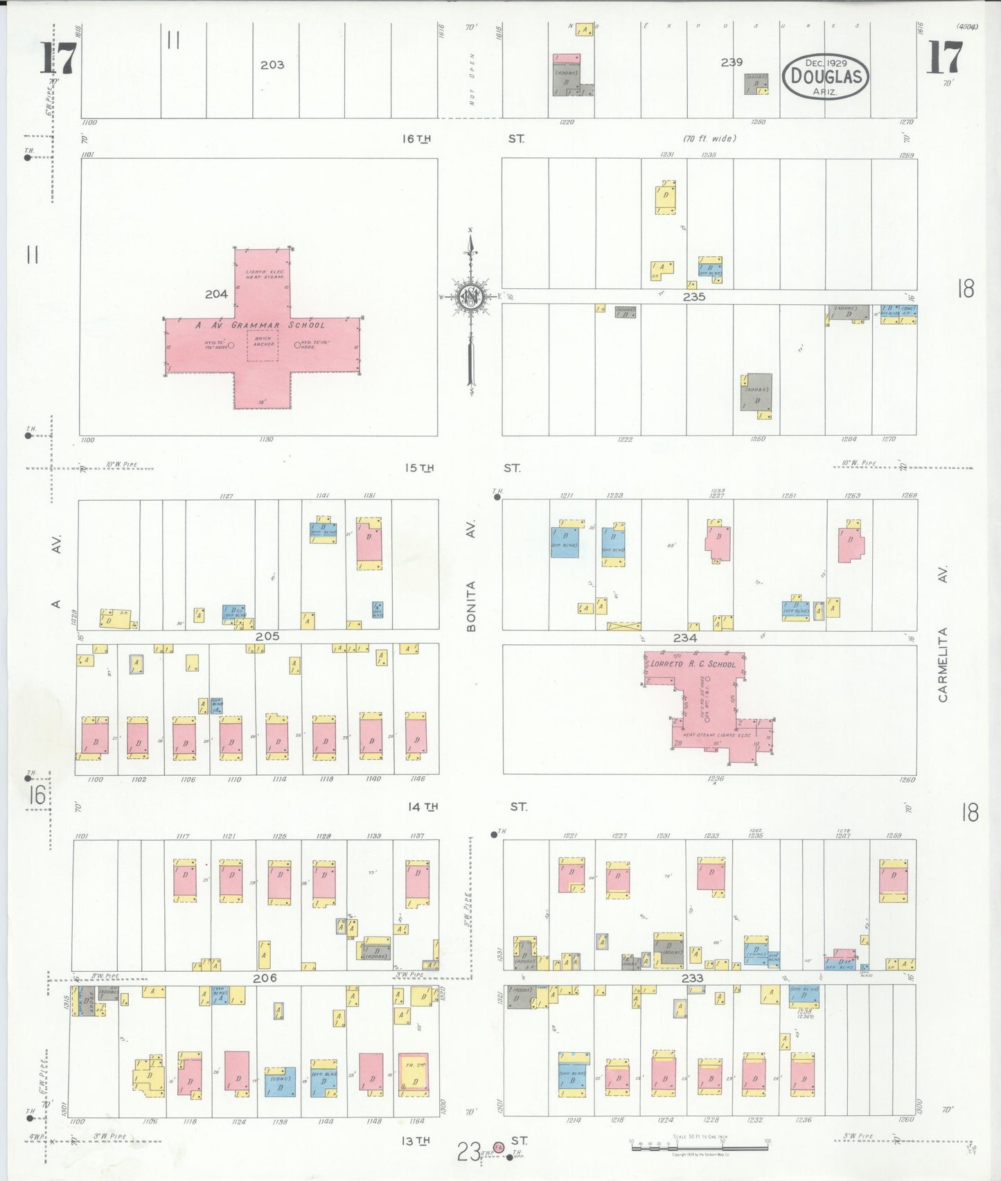 Sanborn Fire Insurance Map from Douglas, Cochise County, Arizona (1929), Sheet #0017 - Complete Map Set gallery image, historic Sanborn map, vintage wall art, Arizona Arizona
