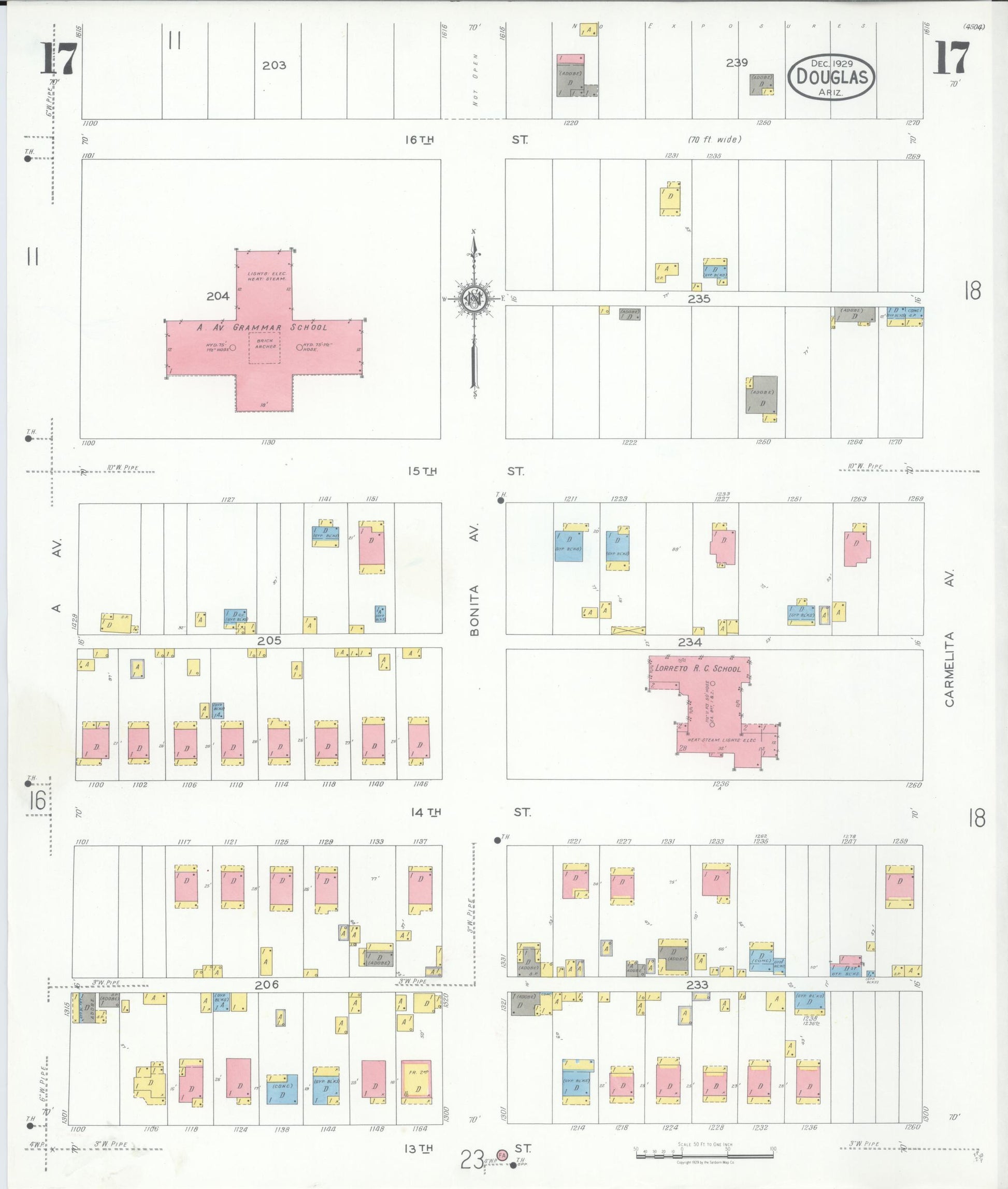 Sanborn Fire Insurance Map from Douglas, Cochise County, Arizona (1929), Sheet #0017 - Complete Map Set gallery image, historic Sanborn map, vintage wall art, Arizona Arizona