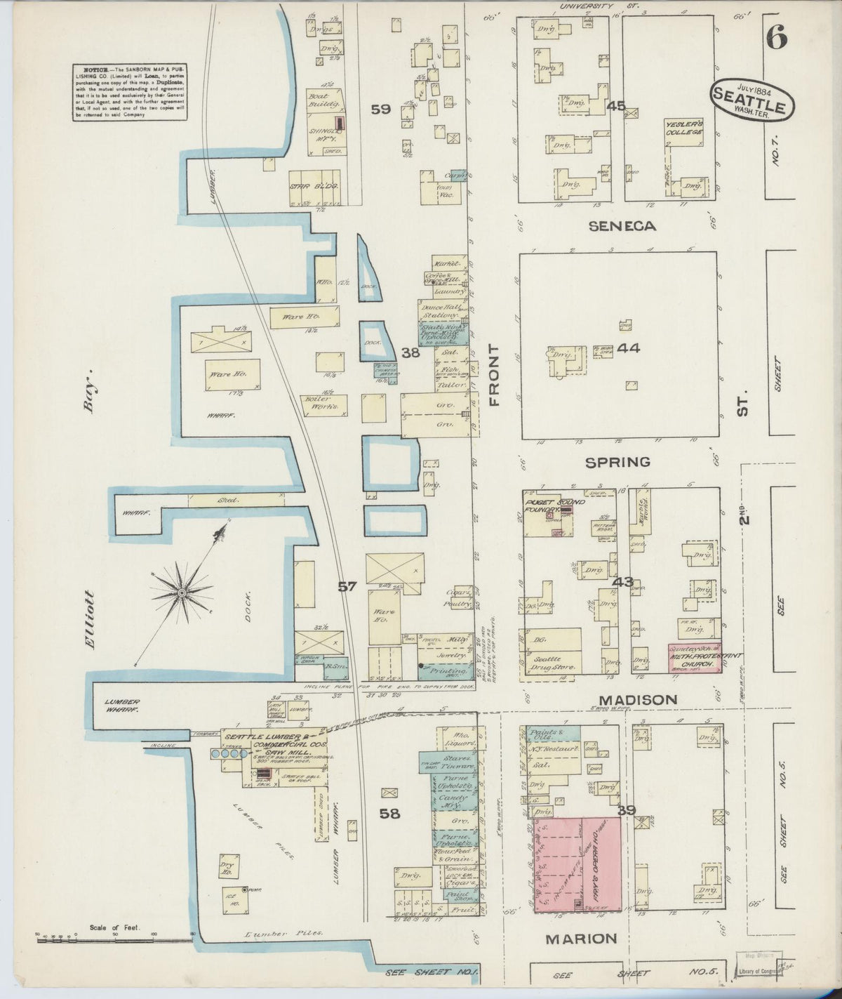 Sanborn Fire Insurance Map from Seattle, King County, Washington (1884), Sheet #0006 - Historic Sanborn Fire Insurance Map Print, vintage old map wall art, antique decor, genealogy gift, Washington Washington map