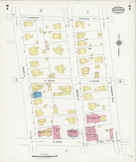 Sanborn Fire Insurance Map from Dothan, Houston County, Alabama (1924), Sheet #0007 - Historic Sanborn Fire Insurance Map Print, vintage old map wall art, antique decor, genealogy gift, Alabama Alabama map