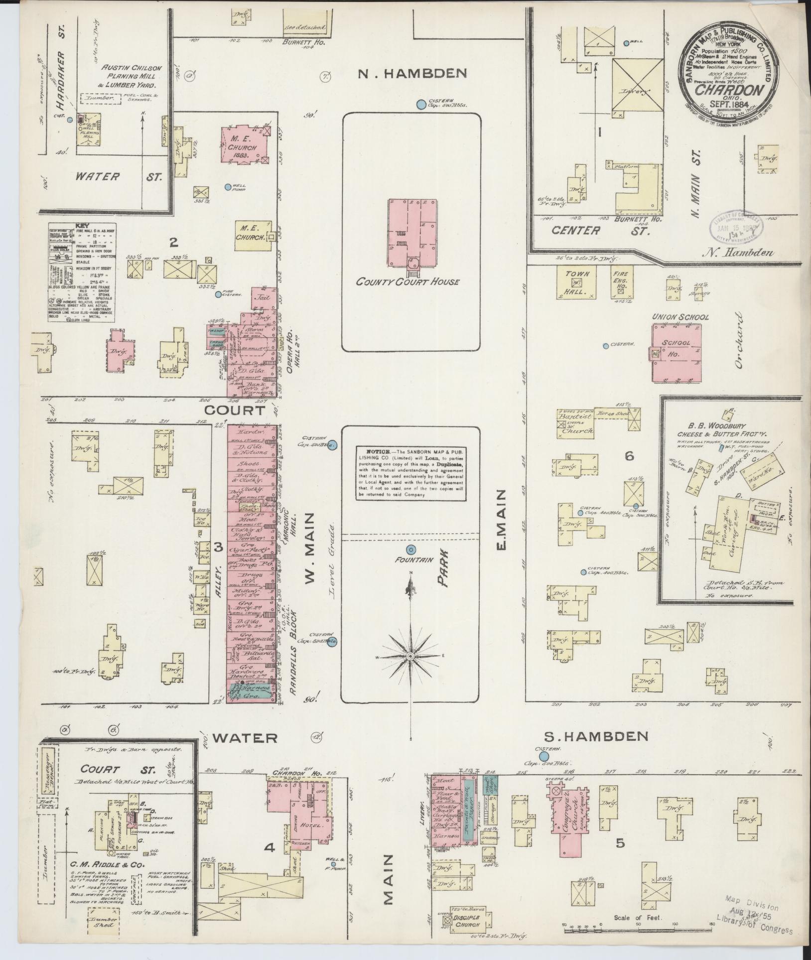 Sanborn Fire Insurance Map from Chardon, Geauga County, Ohio (1884), Sheet #0001 - Historic Sanborn Fire Insurance Map Print, vintage old map wall art, antique decor, genealogy gift, Ohio Ohio map