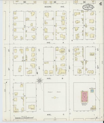 Sanborn Fire Insurance Map from Temple, Bell County, Texas (1893), Sheet #0004 - Historic Sanborn Fire Insurance Map Print, vintage old map wall art, antique decor, genealogy gift, Texas Texas map