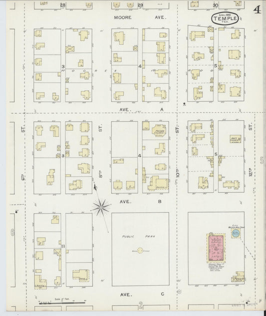 Sanborn Fire Insurance Map from Temple, Bell County, Texas (1893), Sheet #0004 - Historic Sanborn Fire Insurance Map Print, vintage old map wall art, antique decor, genealogy gift, Texas Texas map