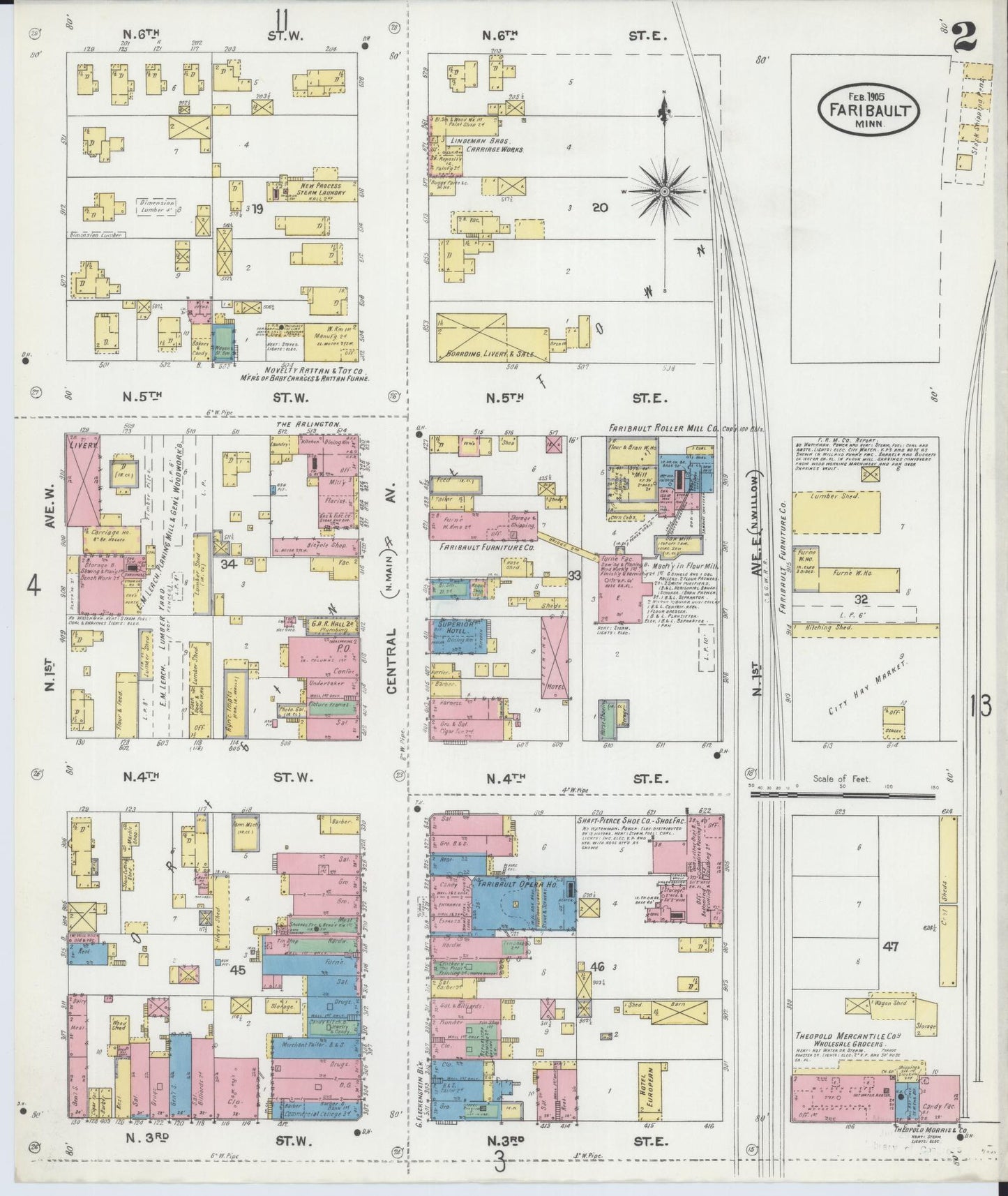 Sanborn Fire Insurance Map from Faribault, Rice County, Minnesota (1905), Sheet #0002 - Historic Sanborn Fire Insurance Map Print, vintage old map wall art, antique decor, genealogy gift, Minnesota Minnesota map