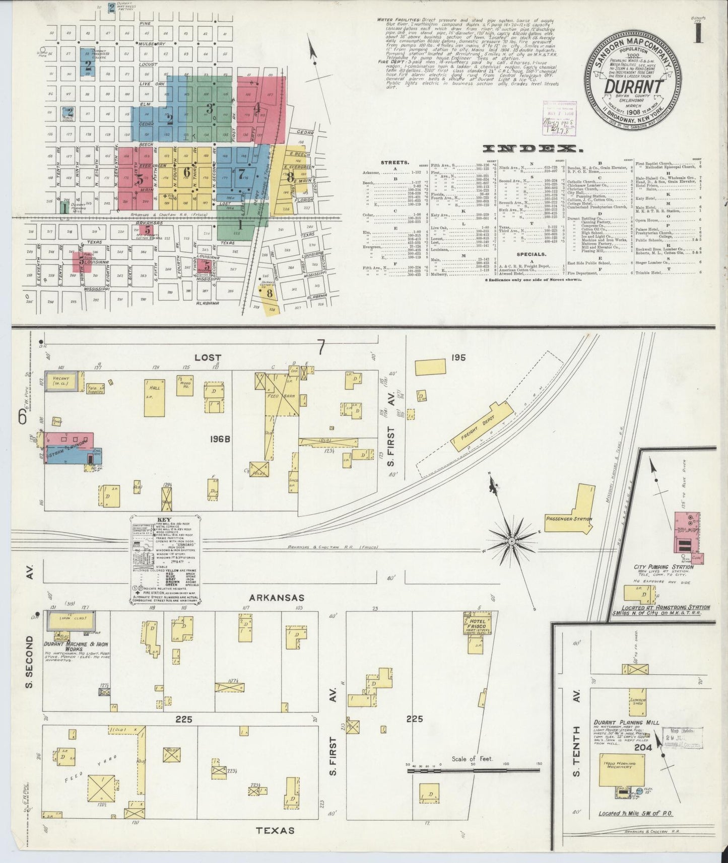 Sanborn Fire Insurance Map from Durant, Bryan County, Oklahoma (1908), Sheet #0001 - Complete Map Set gallery image, historic Sanborn map, vintage wall art, Oklahoma Oklahoma