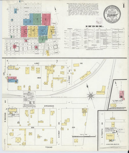 Sanborn Fire Insurance Map from Durant, Bryan County, Oklahoma (1908), Sheet #0001 - Complete Map Set gallery image, historic Sanborn map, vintage wall art, Oklahoma Oklahoma