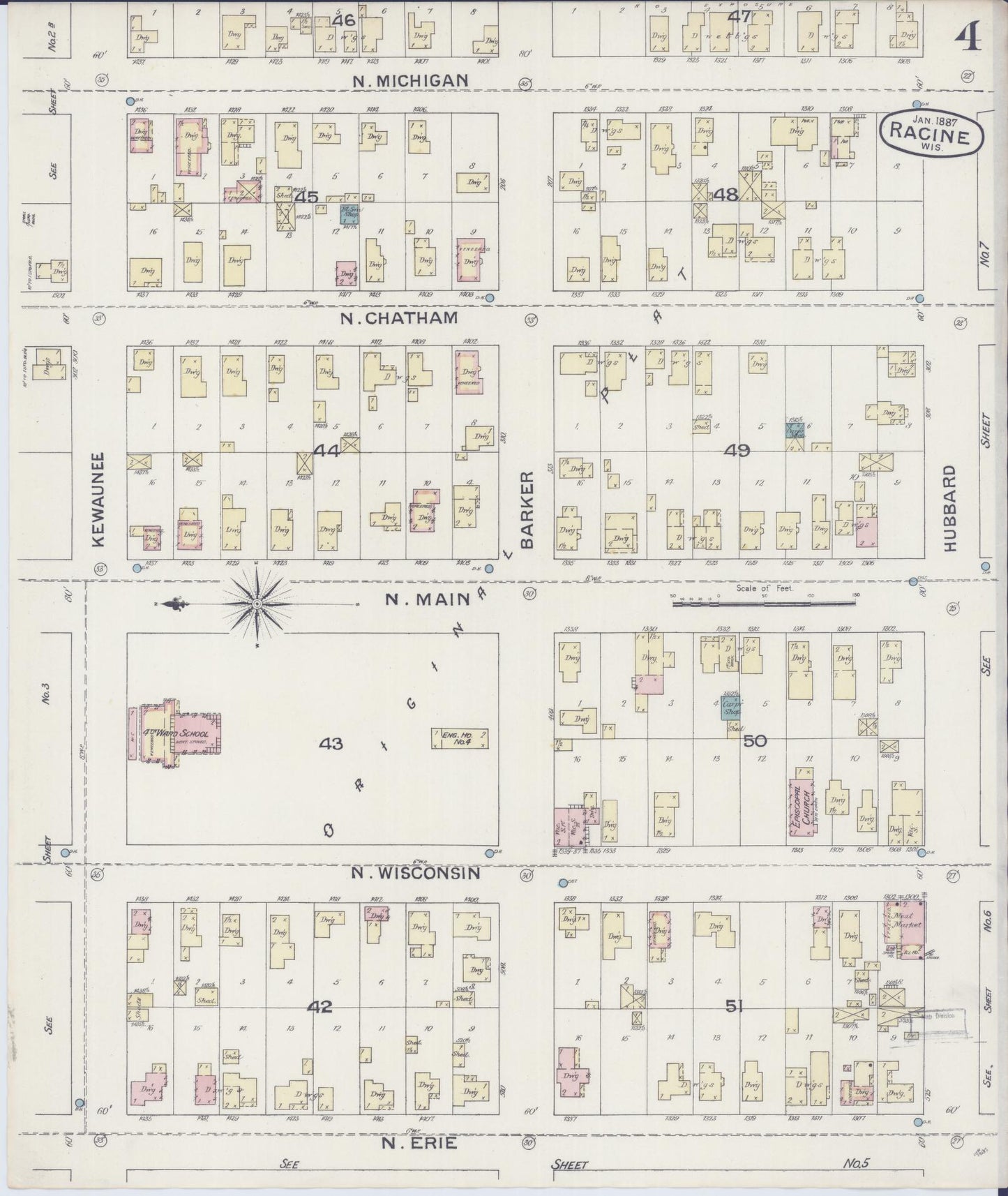 Sanborn Fire Insurance Map from Racine, Racine County, Wisconsin (1887), Sheet #0004 - Complete Map Set gallery image, historic Sanborn map, vintage wall art, Wisconsin Wisconsin