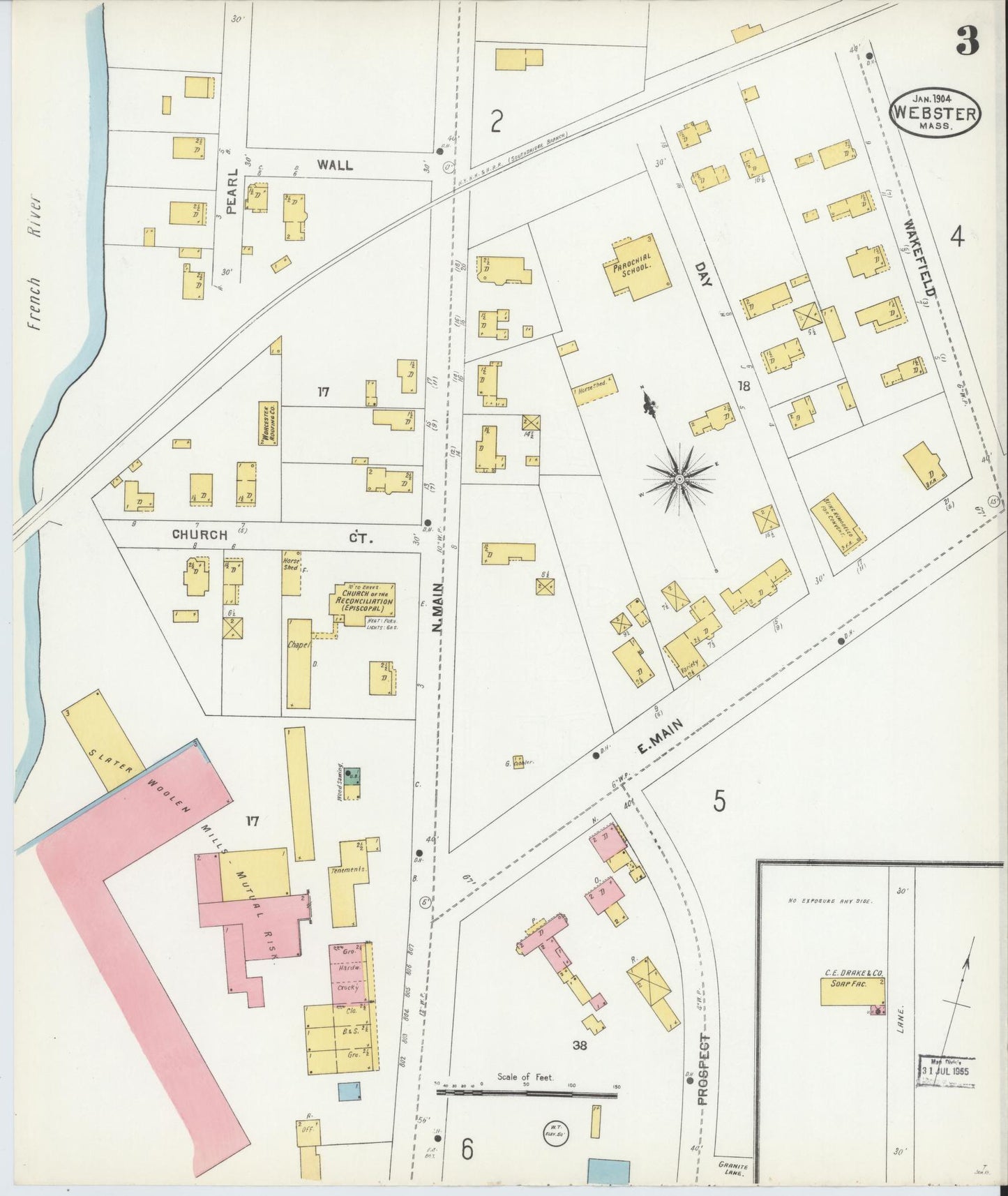 Sanborn Fire Insurance Map from Webster, Worcester County, Massachusetts (1904), Sheet #0003 - Historic Sanborn Fire Insurance Map Print, vintage old map wall art, antique decor, genealogy gift, Massachusetts Massachusetts map