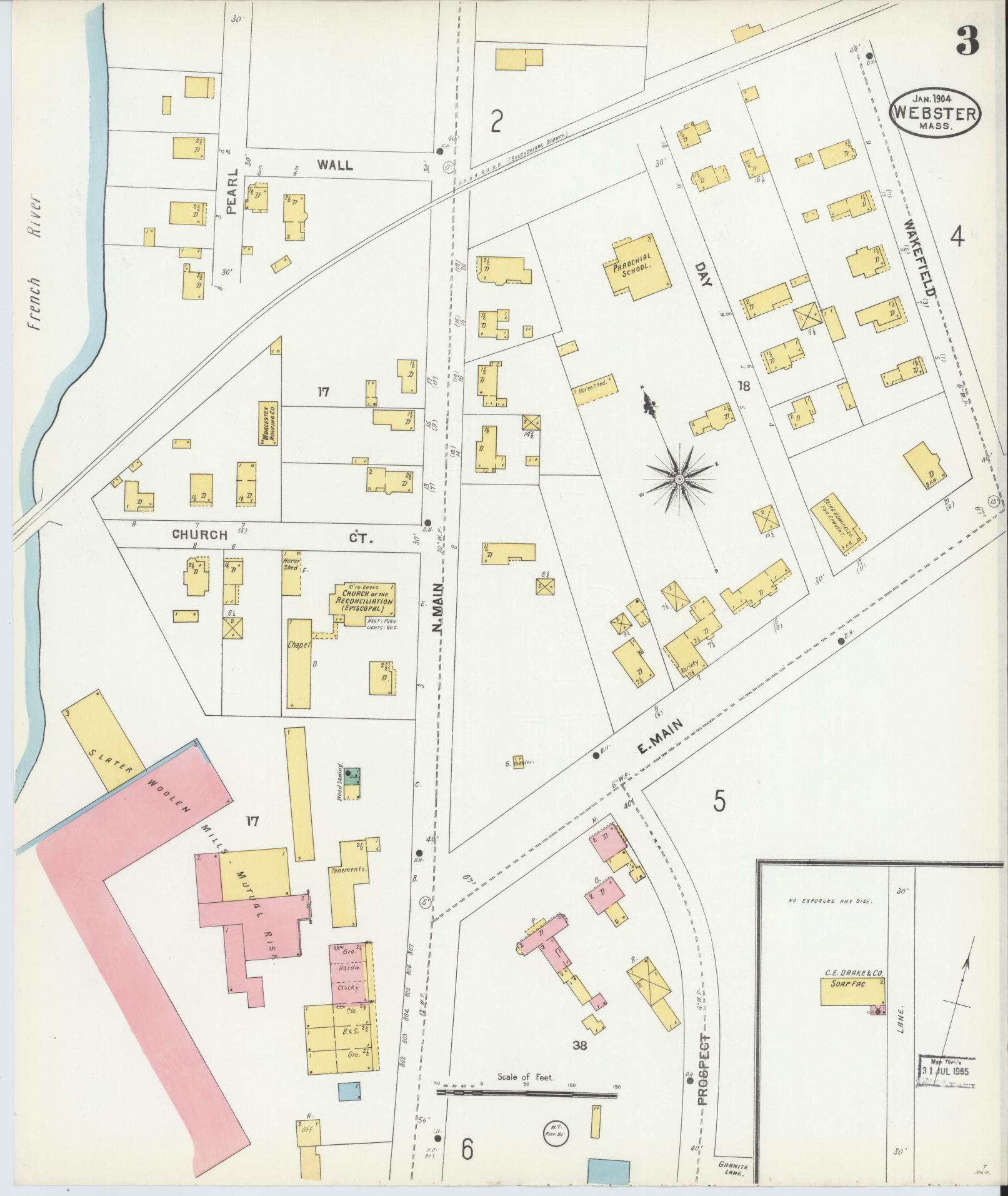 Sanborn Fire Insurance Map from Webster, Worcester County, Massachusetts (1904), Sheet #0003 - Historic Sanborn Fire Insurance Map Print, vintage old map wall art, antique decor, genealogy gift, Massachusetts Massachusetts map