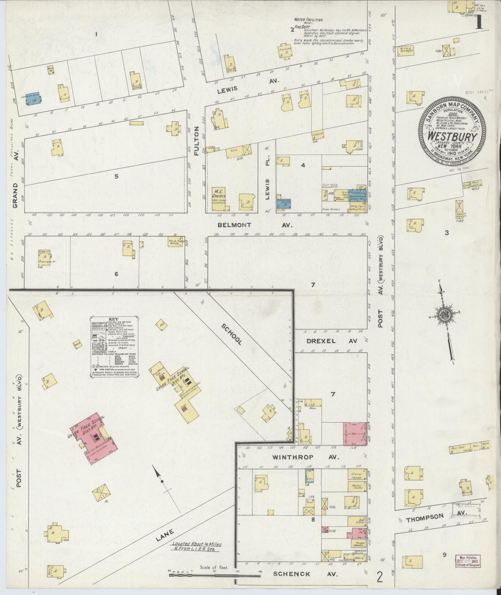 Sanborn Fire Insurance Map from Westbury, Nassau County, New York (1910), Sheet #0001 - Historic Sanborn Fire Insurance Map Print, vintage old map wall art, antique decor, genealogy gift, New York New York map