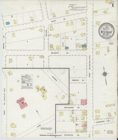 Sanborn Fire Insurance Map from Westbury, Nassau County, New York (1910), Sheet #0001 - Historic Sanborn Fire Insurance Map Print, vintage old map wall art, antique decor, genealogy gift, New York New York map