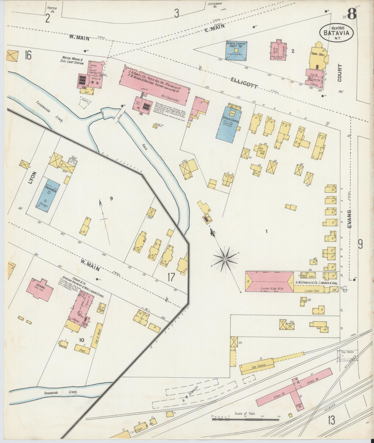Sanborn Fire Insurance Map from Batavia, Genesee County, New York (1901), Sheet #0008 - Historic Sanborn Fire Insurance Map Print, vintage old map wall art, antique decor, genealogy gift, New York New York map