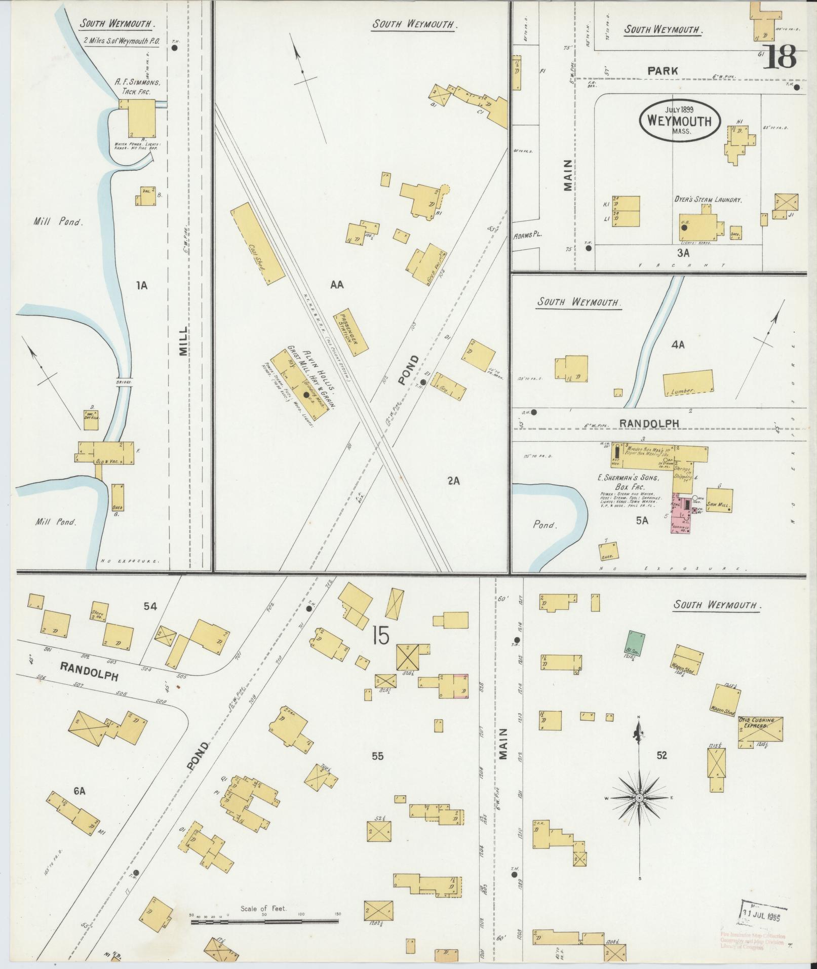 Sanborn Fire Insurance Map from Weymouth, Norfolk County, Massachusetts (1899), Sheet #0018 - Historic Sanborn Fire Insurance Map Print, vintage old map wall art, antique decor, genealogy gift, Massachusetts Massachusetts map