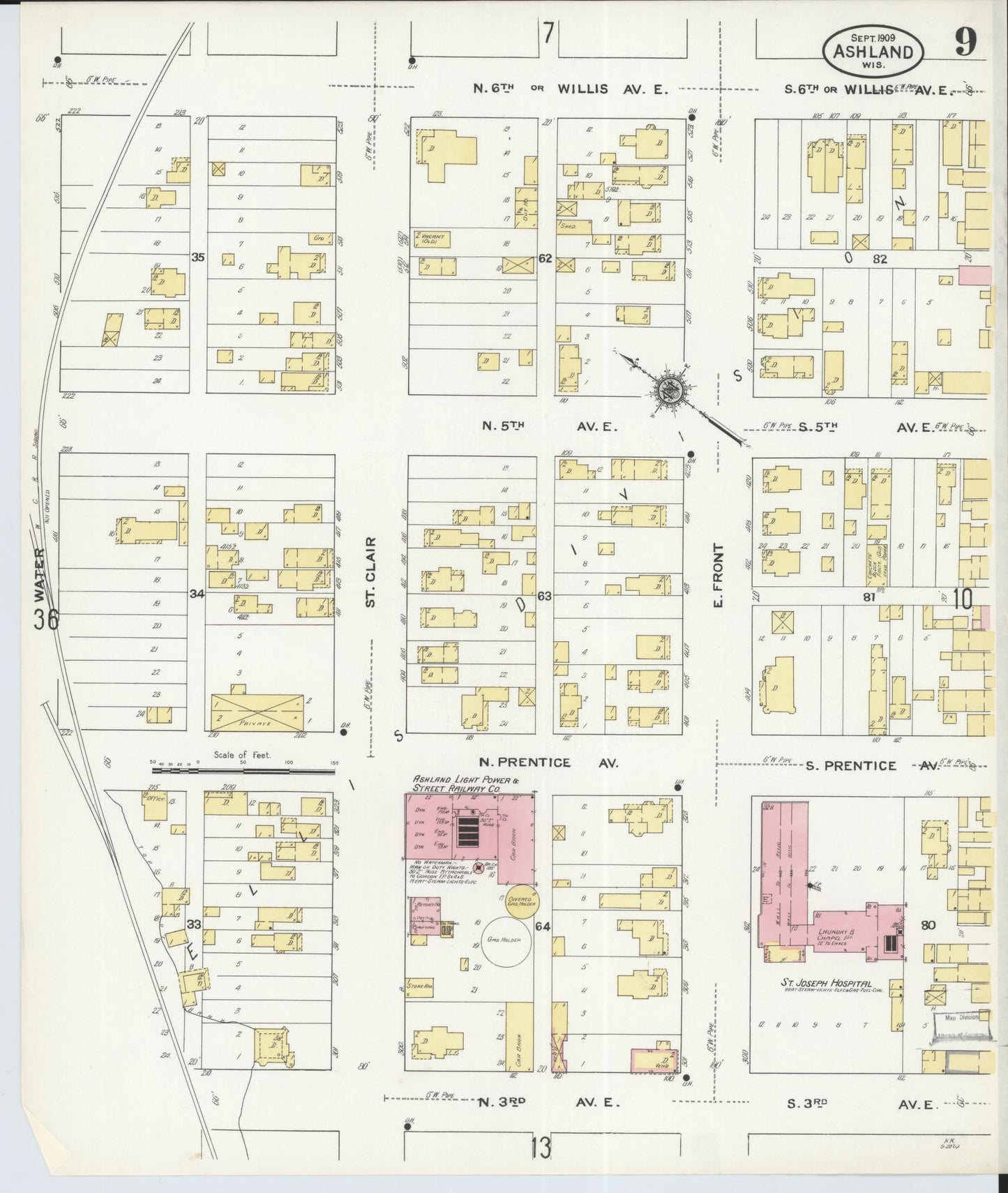 Sanborn Fire Insurance Map from Ashland, Ashland County, Wisconsin (1909), Sheet #0009 - Complete Map Set gallery image, historic Sanborn map, vintage wall art, Wisconsin Wisconsin