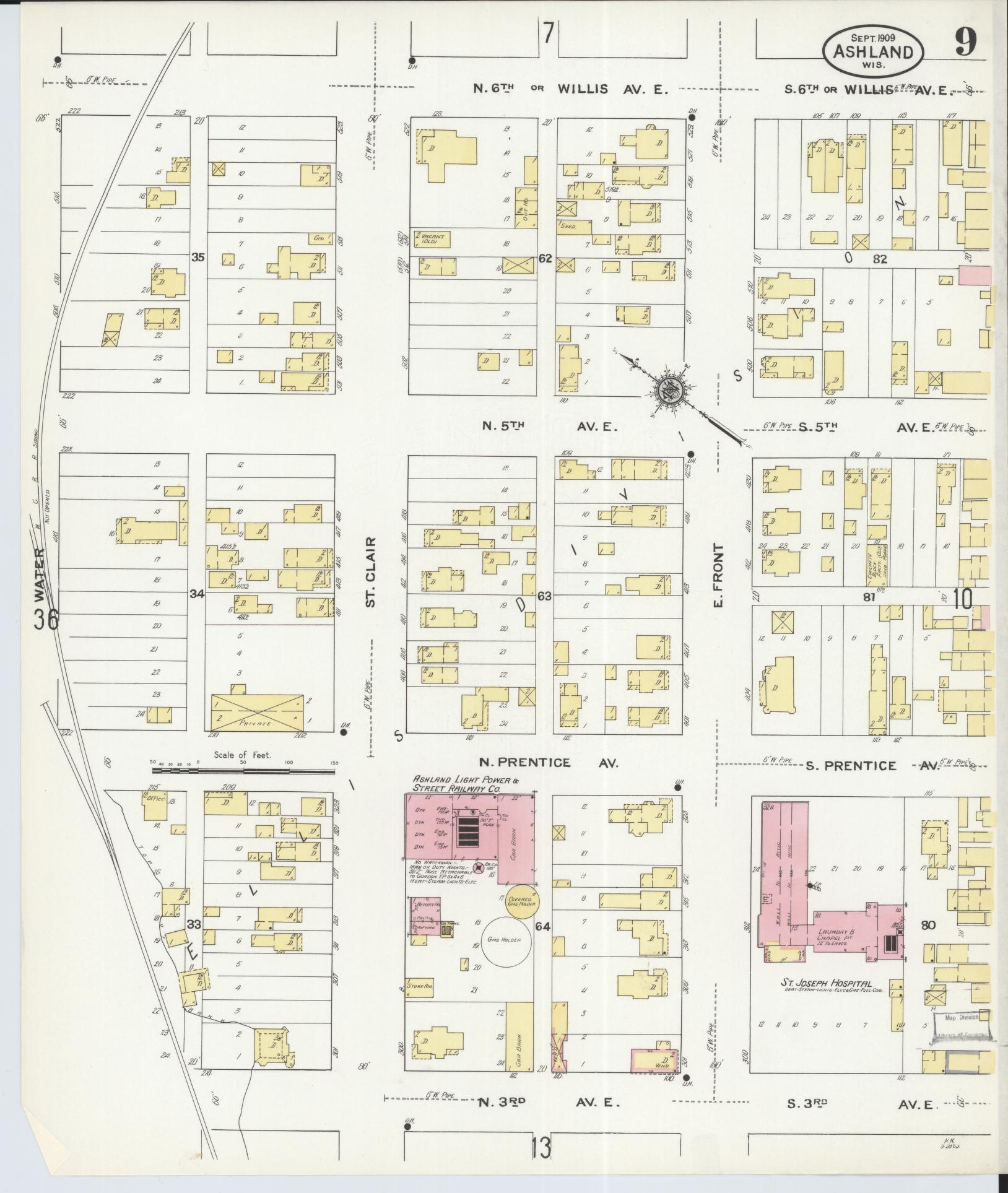 Sanborn Fire Insurance Map from Ashland, Ashland County, Wisconsin (1909), Sheet #0009 - Complete Map Set gallery image, historic Sanborn map, vintage wall art, Wisconsin Wisconsin