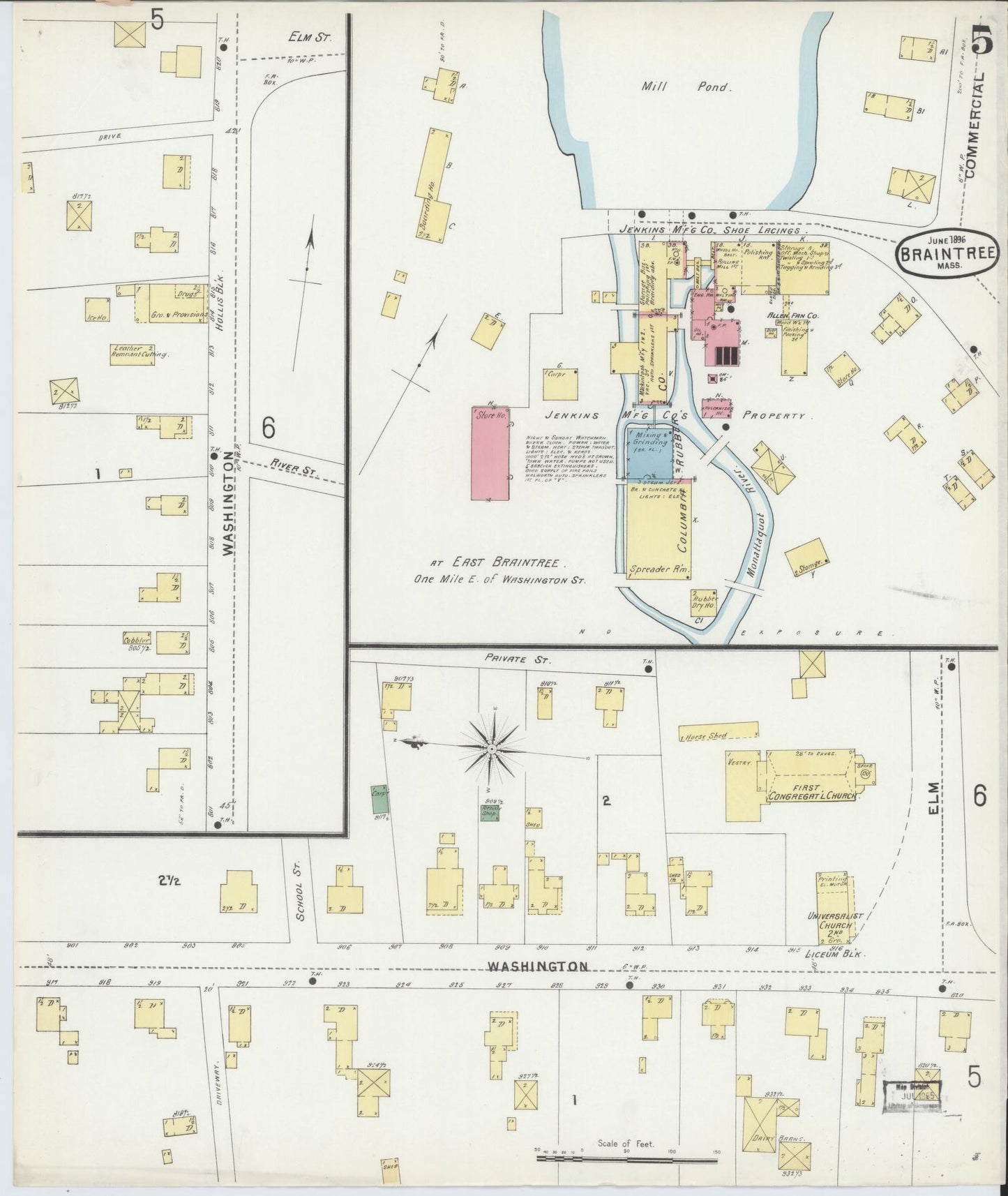 Sanborn Fire Insurance Map from Braintree, Norfolk County, Massachusetts (1896), Sheet #0005 - Historic Sanborn Fire Insurance Map Print, vintage old map wall art, antique decor, genealogy gift, Massachusetts Massachusetts map