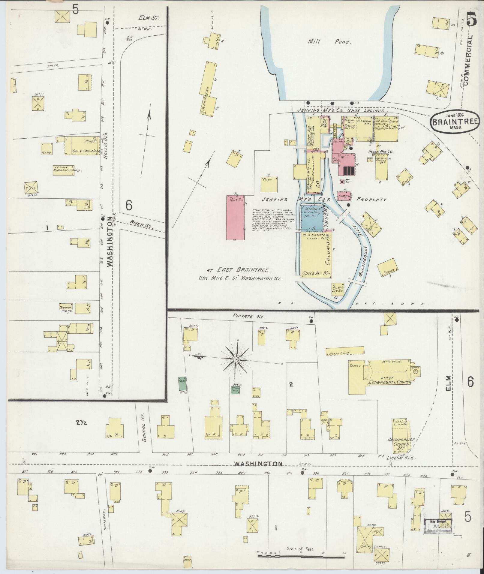 Sanborn Fire Insurance Map from Braintree, Norfolk County, Massachusetts (1896), Sheet #0005 - Historic Sanborn Fire Insurance Map Print, vintage old map wall art, antique decor, genealogy gift, Massachusetts Massachusetts map