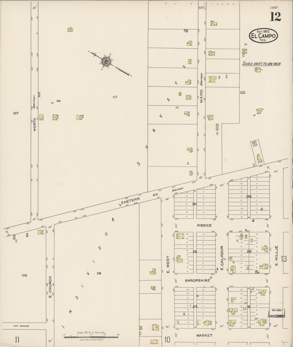 Sanborn Fire Insurance Map from El Campo, Wharton County, Texas (1922), Sheet #0012 - Complete Map Set gallery image, historic Sanborn map, vintage wall art, Texas Texas
