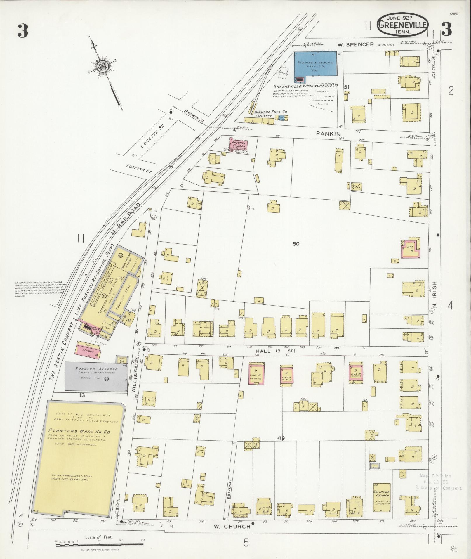 Sanborn Fire Insurance Map from Greeneville, Greene County, Tennessee (1927), Sheet #0003 - Complete Map Set gallery image, historic Sanborn map, vintage wall art, Tennessee Tennessee