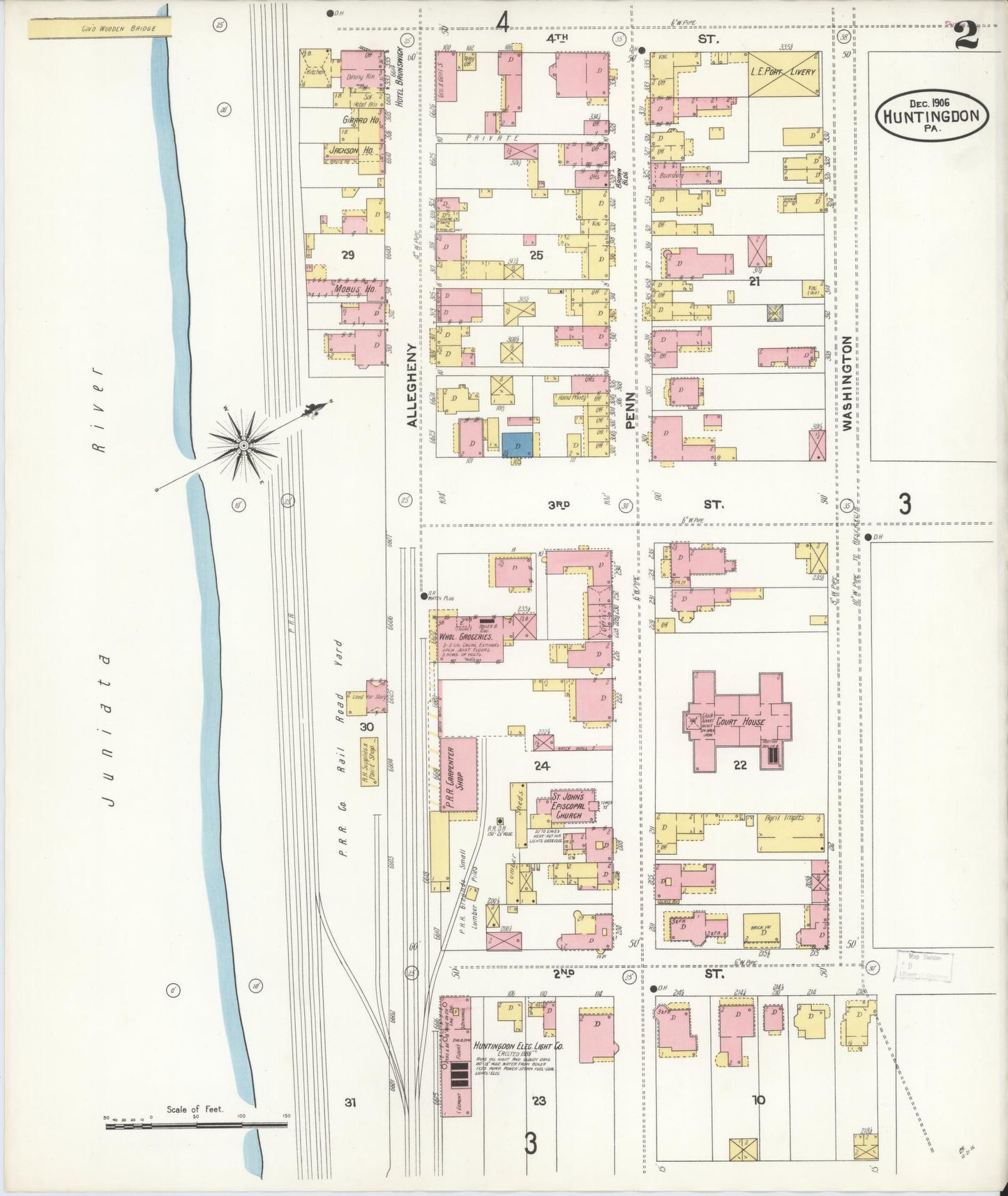 Sanborn Fire Insurance Map from Huntingdon, Huntingdon County, Pennsylvania (1906), Sheet #0002 - Historic Sanborn Fire Insurance Map Print, vintage old map wall art, antique decor, genealogy gift, Pennsylvania Pennsylvania map