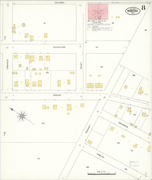 Sanborn Fire Insurance Map from Wenatchee, Chelan County, Washington (1909), Sheet #0008 - Historic Sanborn Fire Insurance Map Print, vintage old map wall art, antique decor, genealogy gift, Washington Washington map