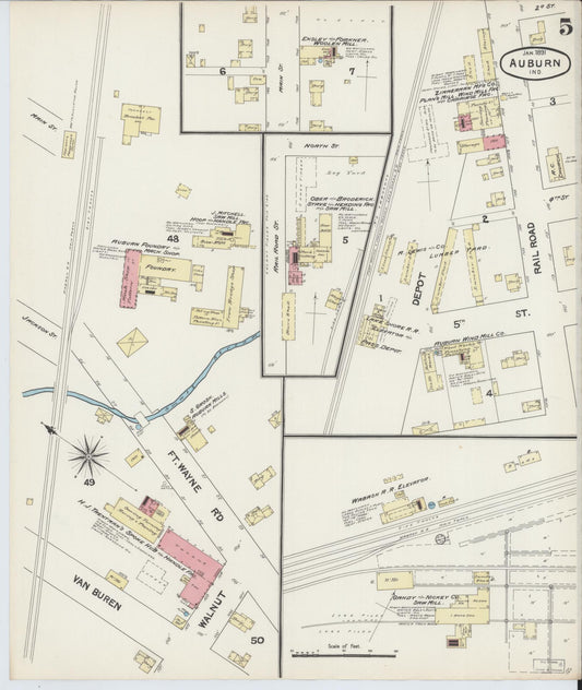 Sanborn Fire Insurance Map from Auburn, De Kalb County, Indiana (1891), Sheet #0005 - Historic Sanborn Fire Insurance Map Print, vintage old map wall art, antique decor, genealogy gift, Indiana Indiana map