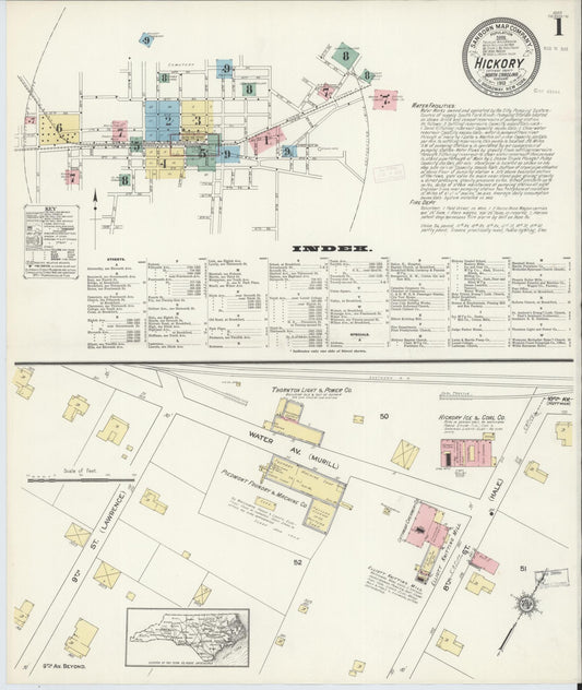 Sanborn Fire Insurance Map from Hickory, Catawba County, North Carolina (1913), Sheet #0001 - Historic Sanborn Fire Insurance Map Print, vintage old map wall art, antique decor, genealogy gift, North Carolina North Carolina map