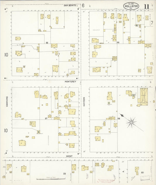 Sanborn Fire Insurance Map from Hollister, San Benito County, California (1902), Sheet #0011 - Historic Sanborn Fire Insurance Map Print, vintage old map wall art, antique decor, genealogy gift, California California map