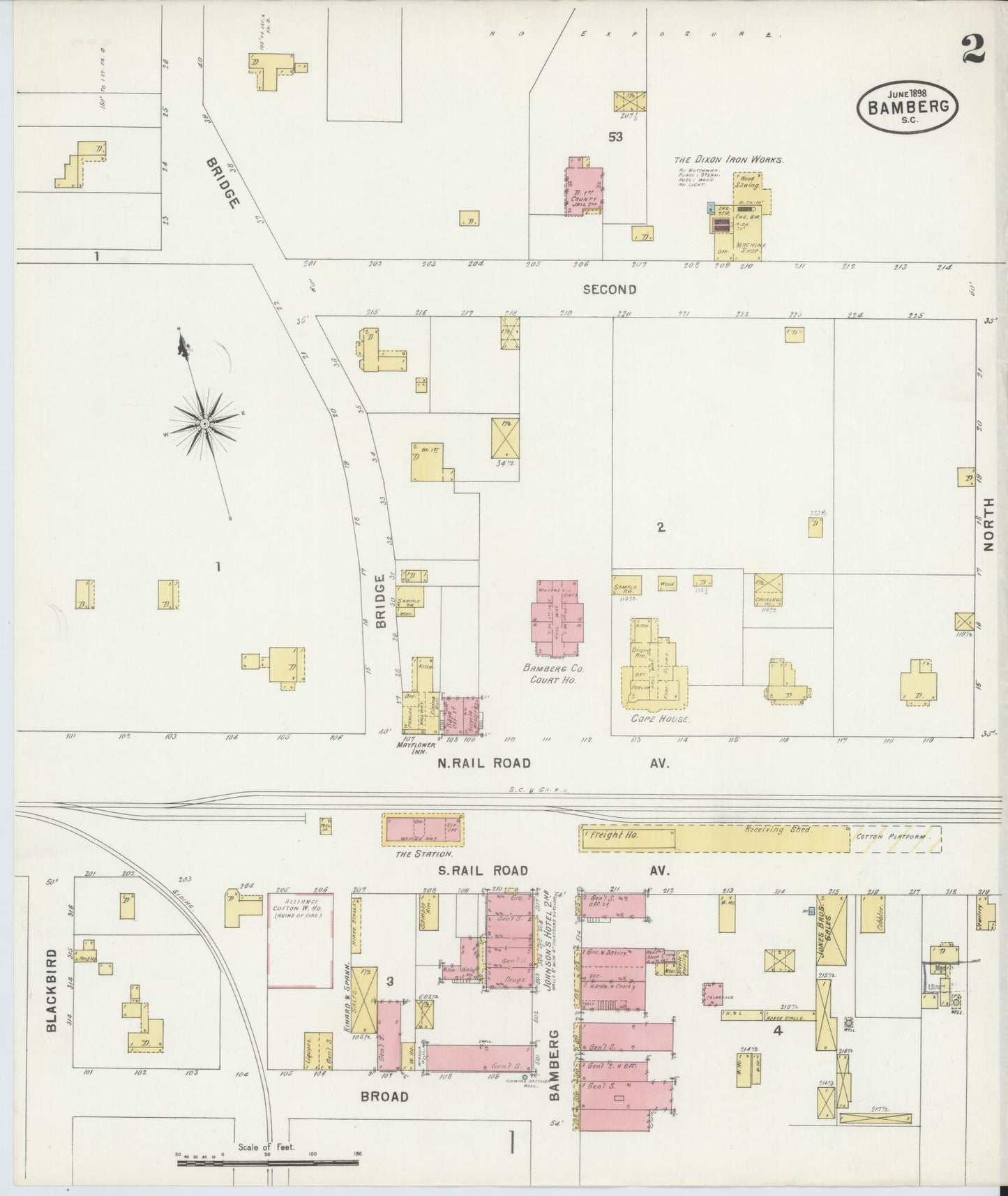 Sanborn Fire Insurance Map from Bamberg, Bamberg County, South Carolina (1898), Sheet #0002 - Complete Map Set gallery image, historic Sanborn map, vintage wall art, South Carolina South Carolina