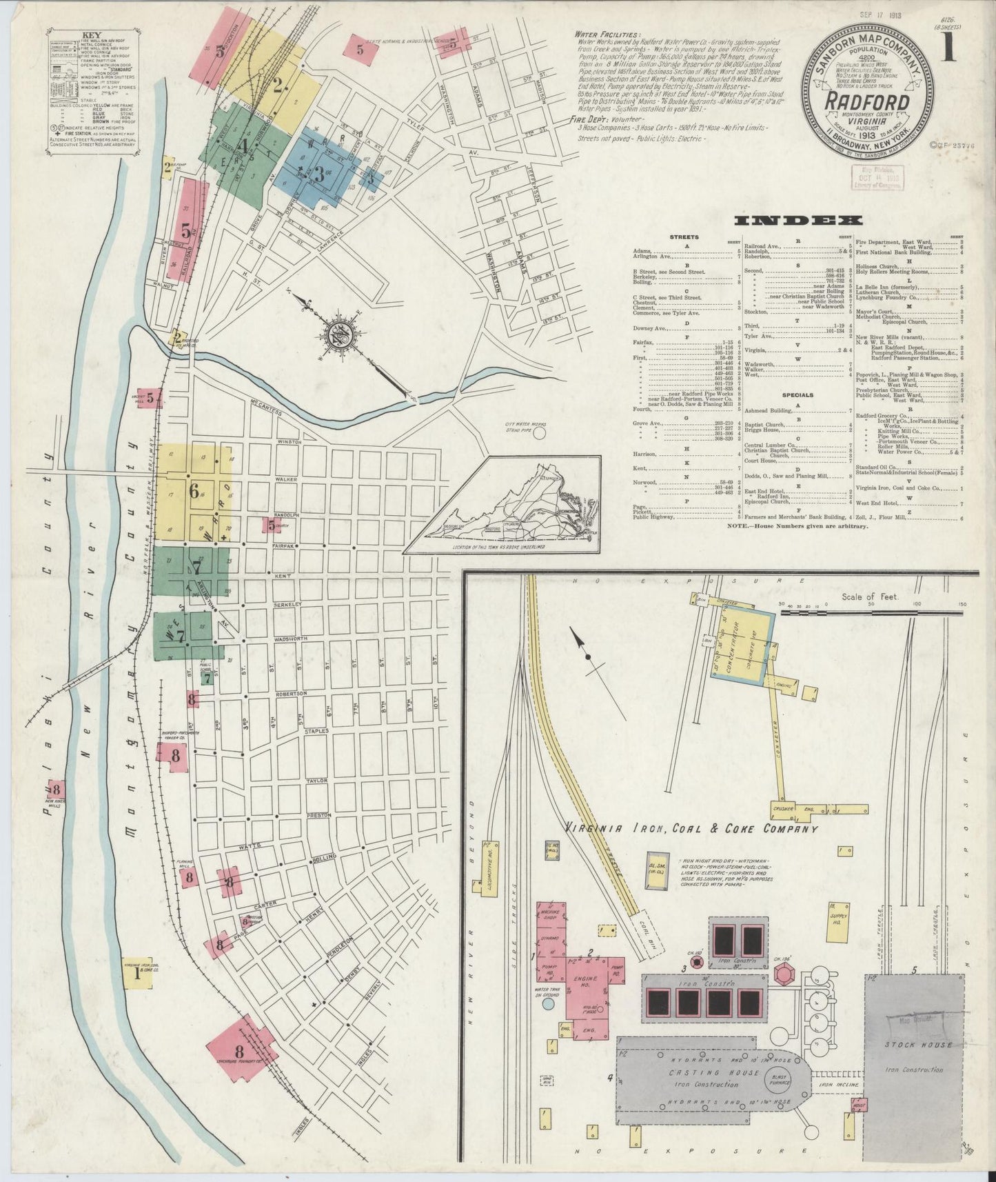 Sanborn Fire Insurance Map from Radford, Independent Cities, Virginia (1913), Sheet #0001 - Complete Map Set gallery image, historic Sanborn map, vintage wall art, Virginia Virginia