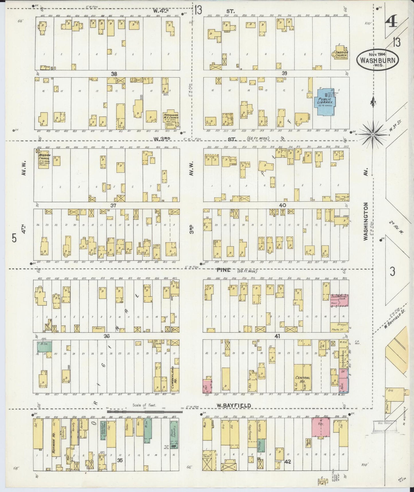 Sanborn Fire Insurance Map from Washburn, Bayfield County, Wisconsin (1904), Sheet #0004 - Historic Sanborn Fire Insurance Map Print, vintage old map wall art, antique decor, genealogy gift, Wisconsin Wisconsin map
