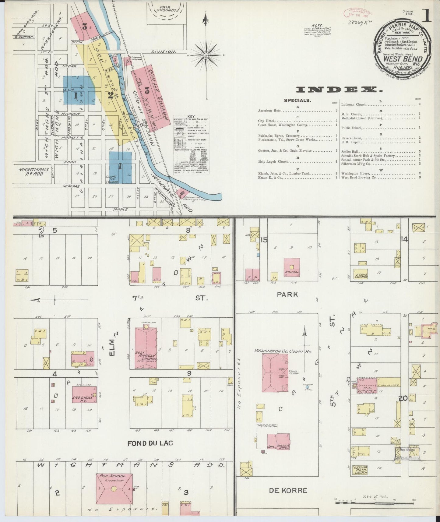 Sanborn Fire Insurance Map from West Bend, Washington County, Wisconsin (1892), Sheet #0001 - Historic Sanborn Fire Insurance Map Print, vintage old map wall art, antique decor, genealogy gift, Wisconsin Wisconsin map