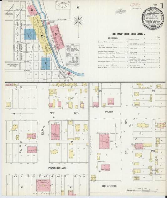 Sanborn Fire Insurance Map from West Bend, Washington County, Wisconsin (1892), Sheet #0001 - Historic Sanborn Fire Insurance Map Print, vintage old map wall art, antique decor, genealogy gift, Wisconsin Wisconsin map