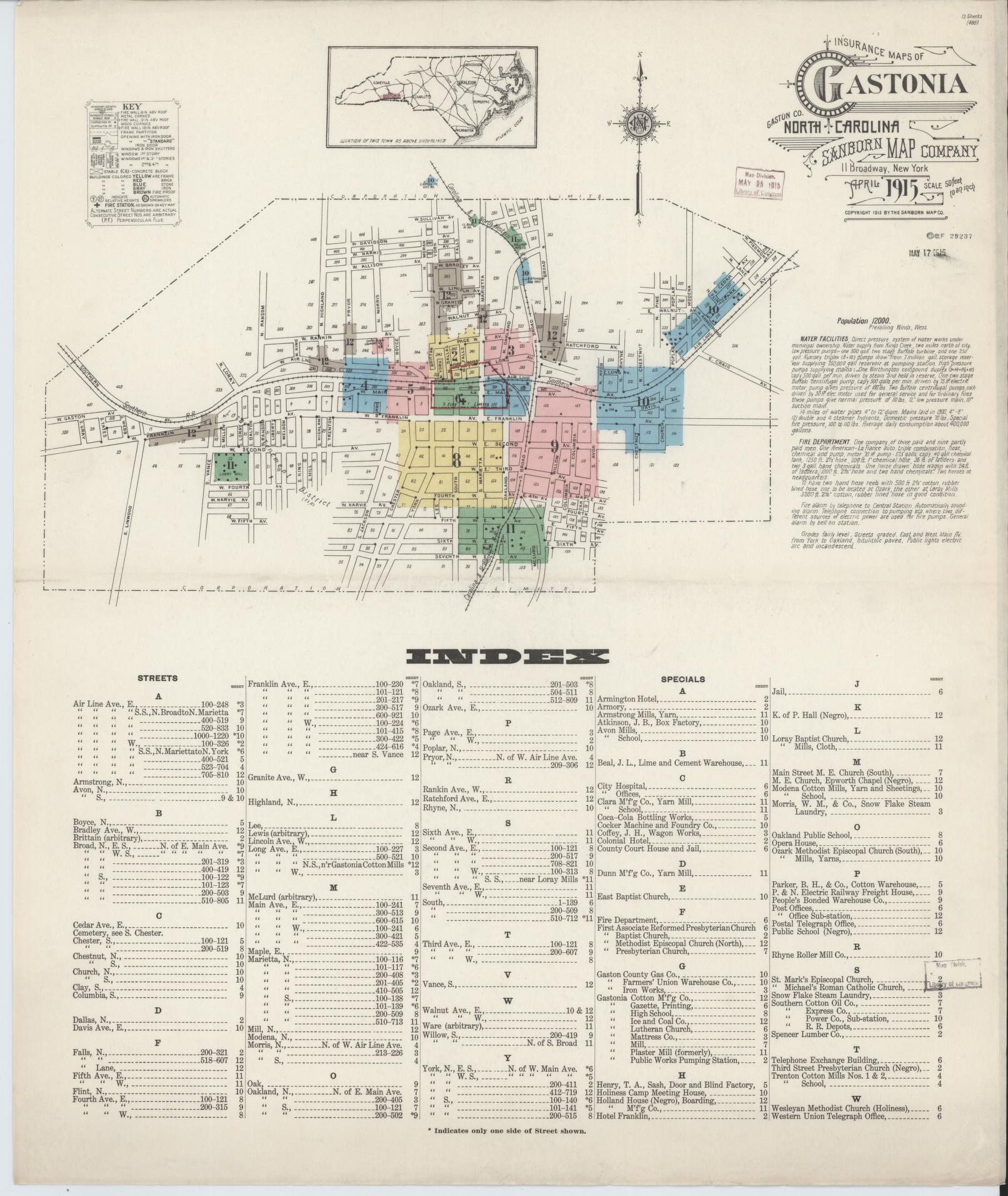 Sanborn Fire Insurance Map from Gastonia, Gaston County, North Carolina (1915), Sheet #0001 - Complete Map Set gallery image, historic Sanborn map, vintage wall art, North Carolina North Carolina