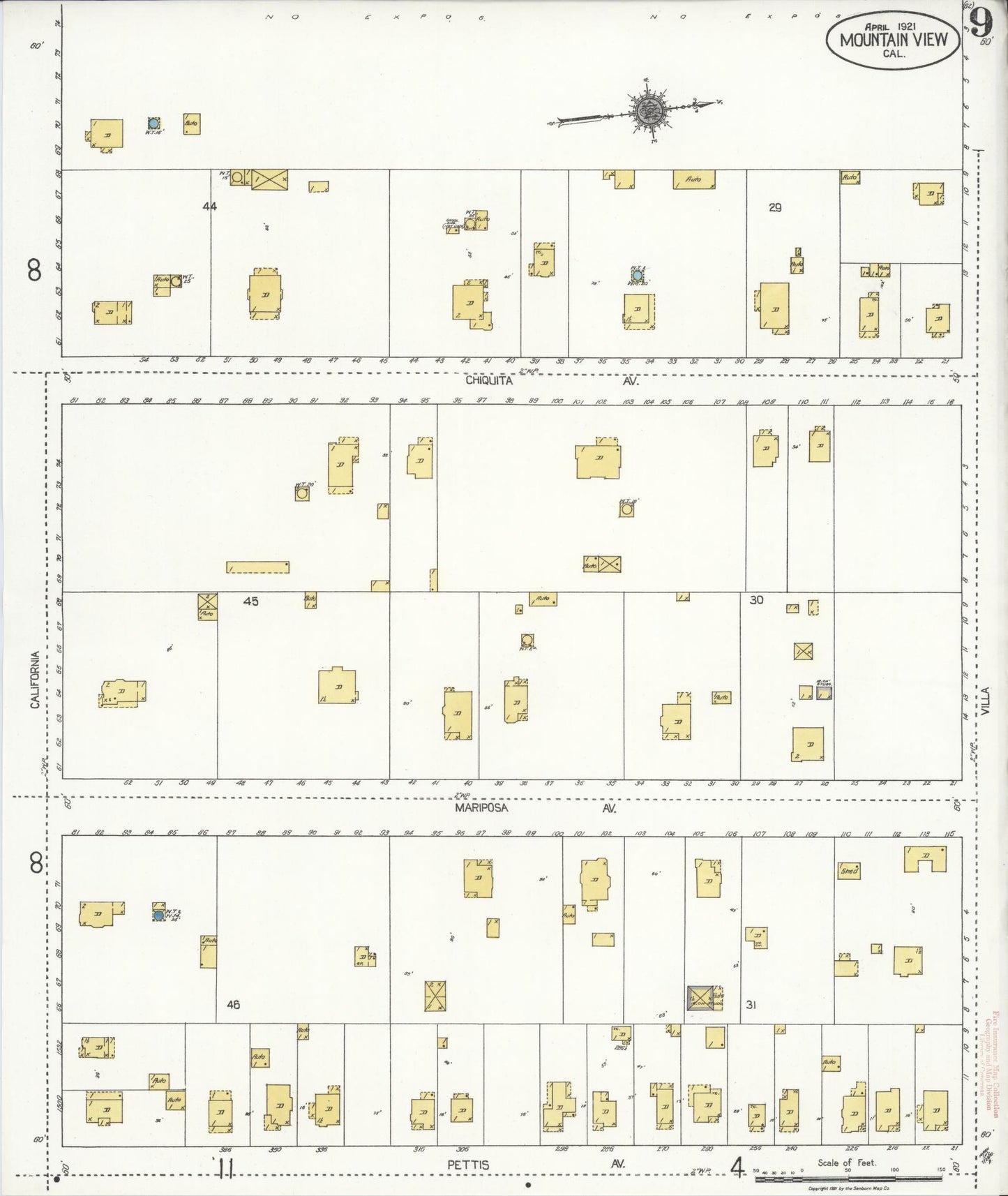 Sanborn Fire Insurance Map from Mountain View, Santa Clara County, California (1921), Sheet #0009 - Complete Map Set gallery image, historic Sanborn map, vintage wall art, California California