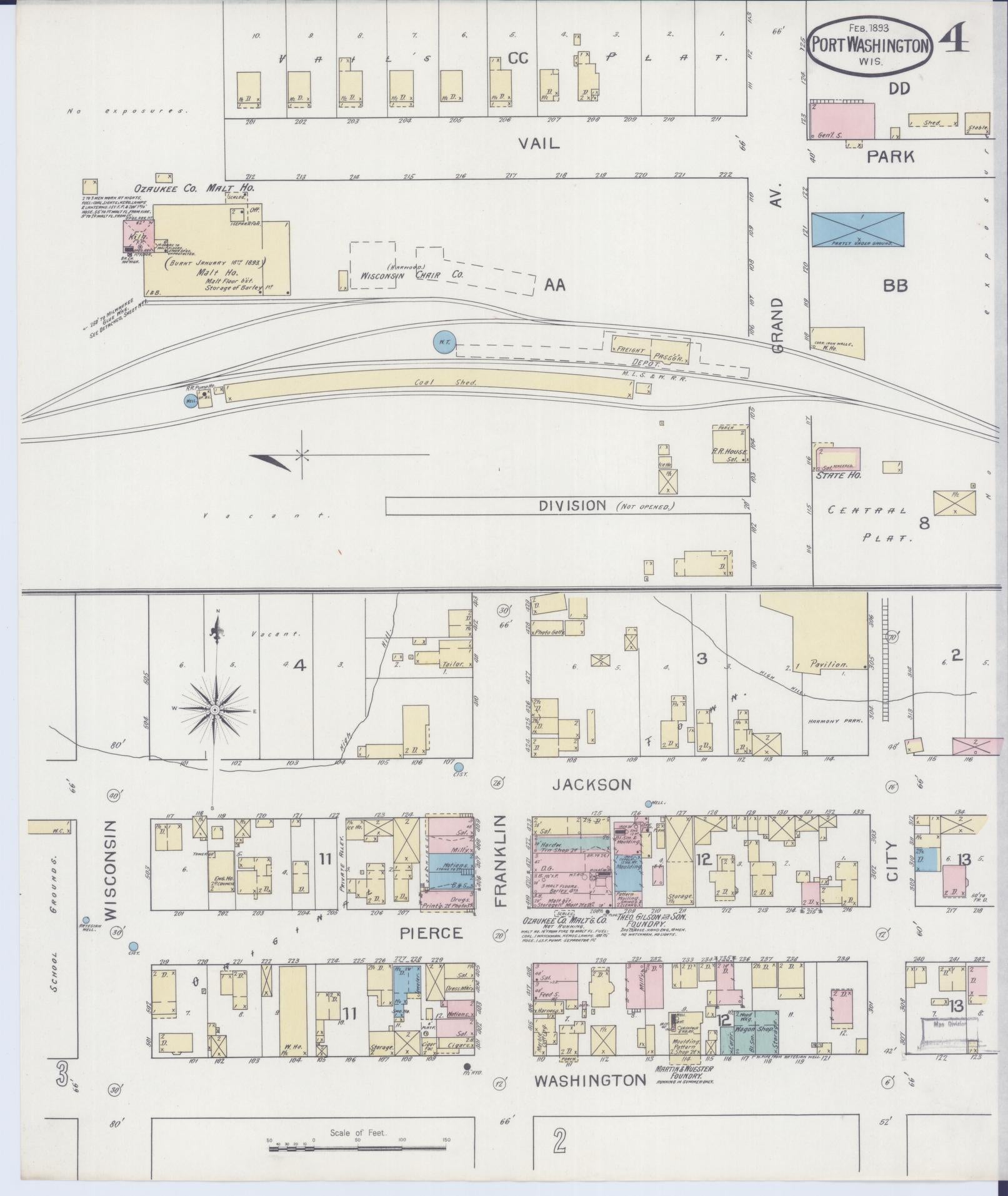 Sanborn Fire Insurance Map from Port Washington, Ozaukee County, Wisconsin (1893), Sheet #0004 - Complete Map Set gallery image, historic Sanborn map, vintage wall art, Wisconsin Wisconsin